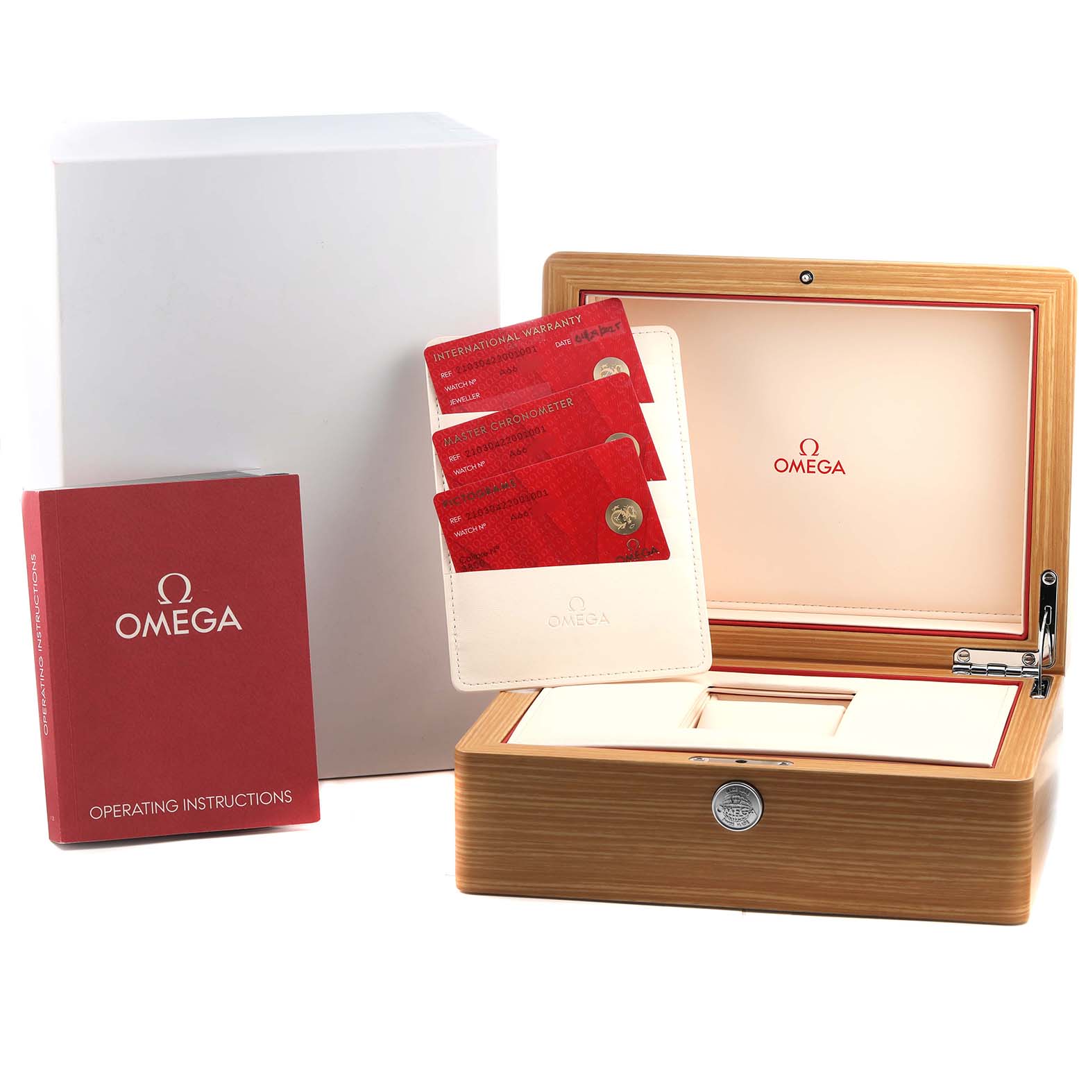 The image shows an Omega Seamaster 210.30.42.20.01.001 Men's Stainless Steel Black Dial box at an oblique angle, with accompanying warranty cards, a manual, and a display case.