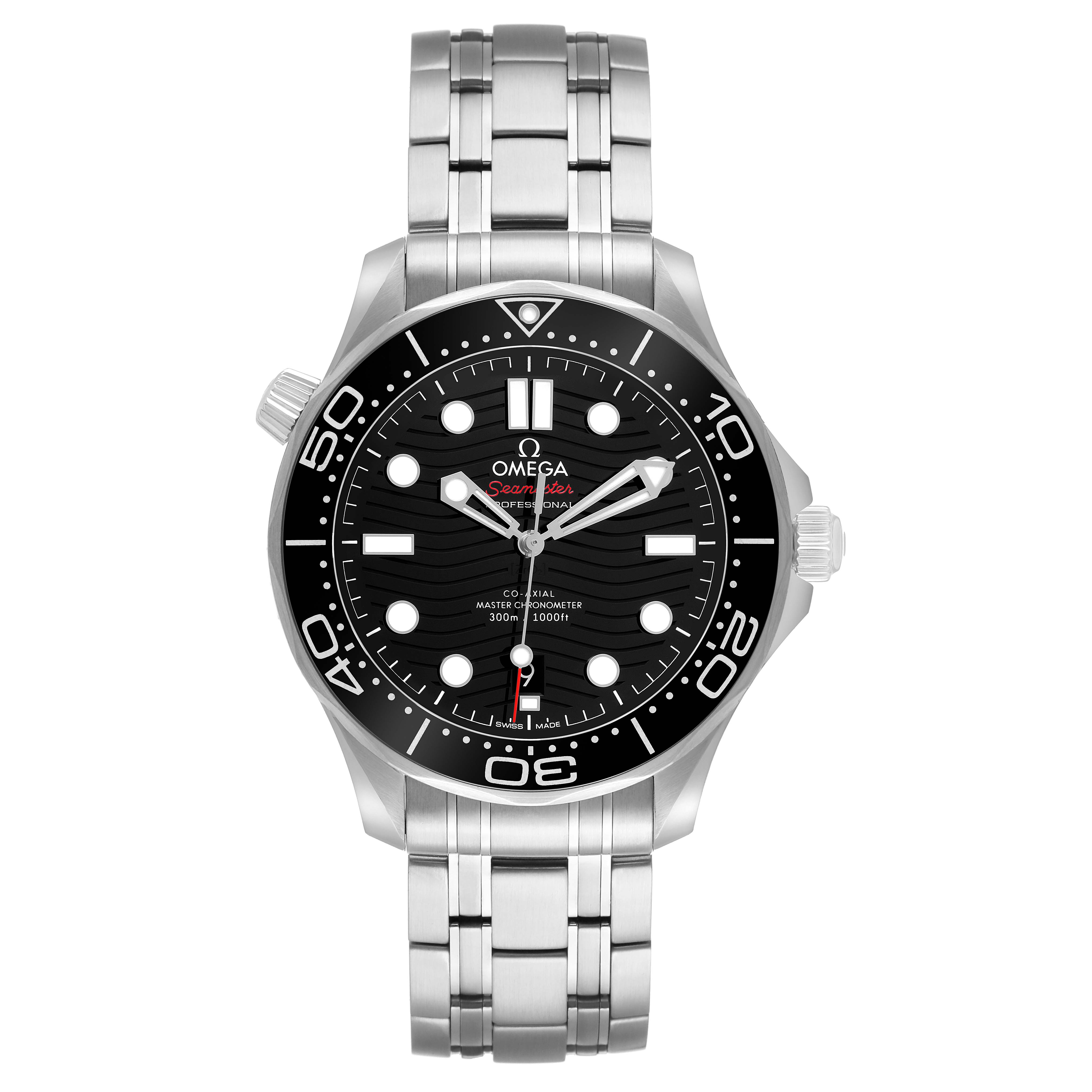 The Omega Seamaster 210.30.42.20.01.001 Men's Stainless Steel Black Dial watch is shown from a front angle, displaying its bezel, dial, hands, bracelet, and crown.
