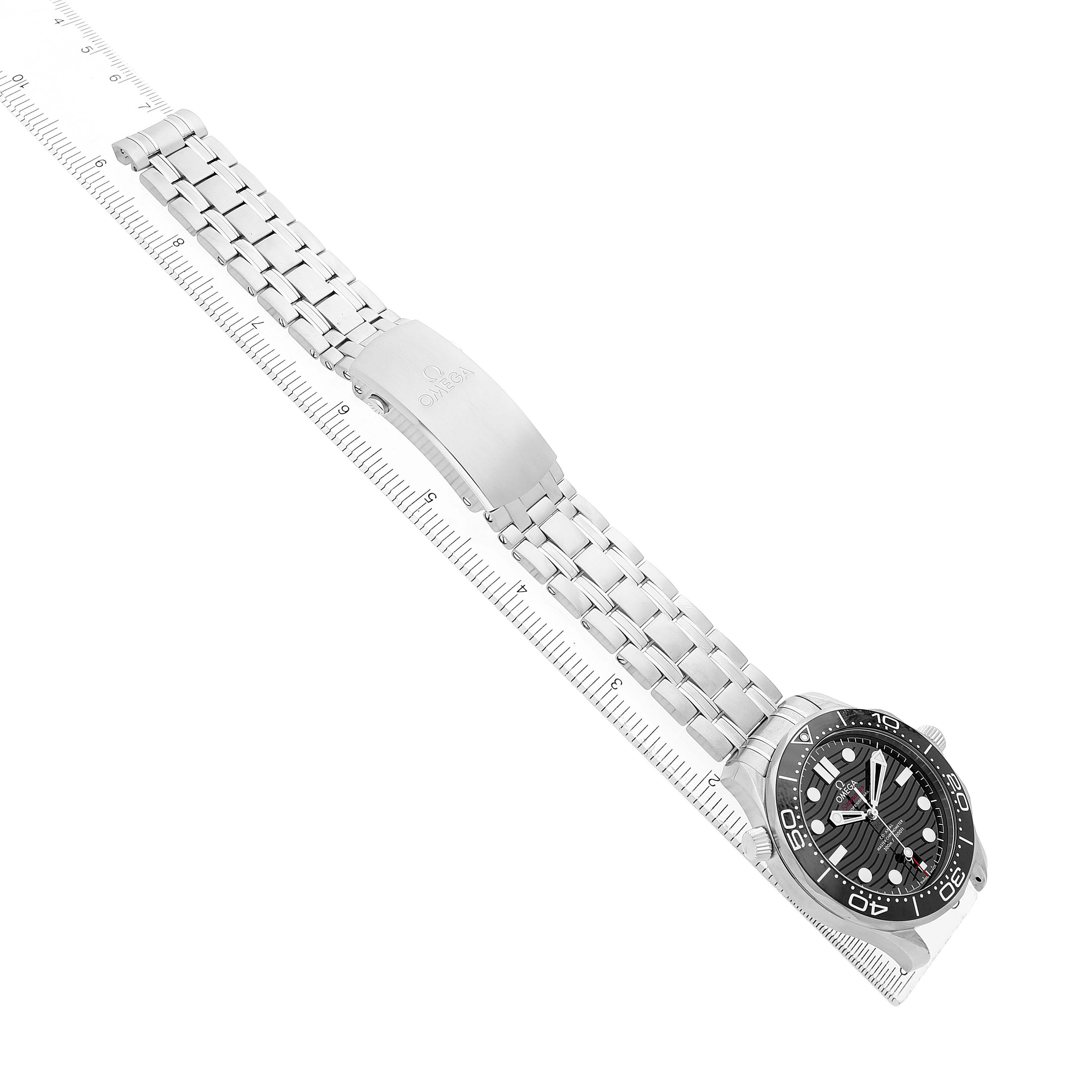 The Omega Seamaster 210.30.42.20.01.001 Men's Stainless Steel Black Dial watch is shown diagonally, featuring the face, bezel, and metal bracelet with clasp.