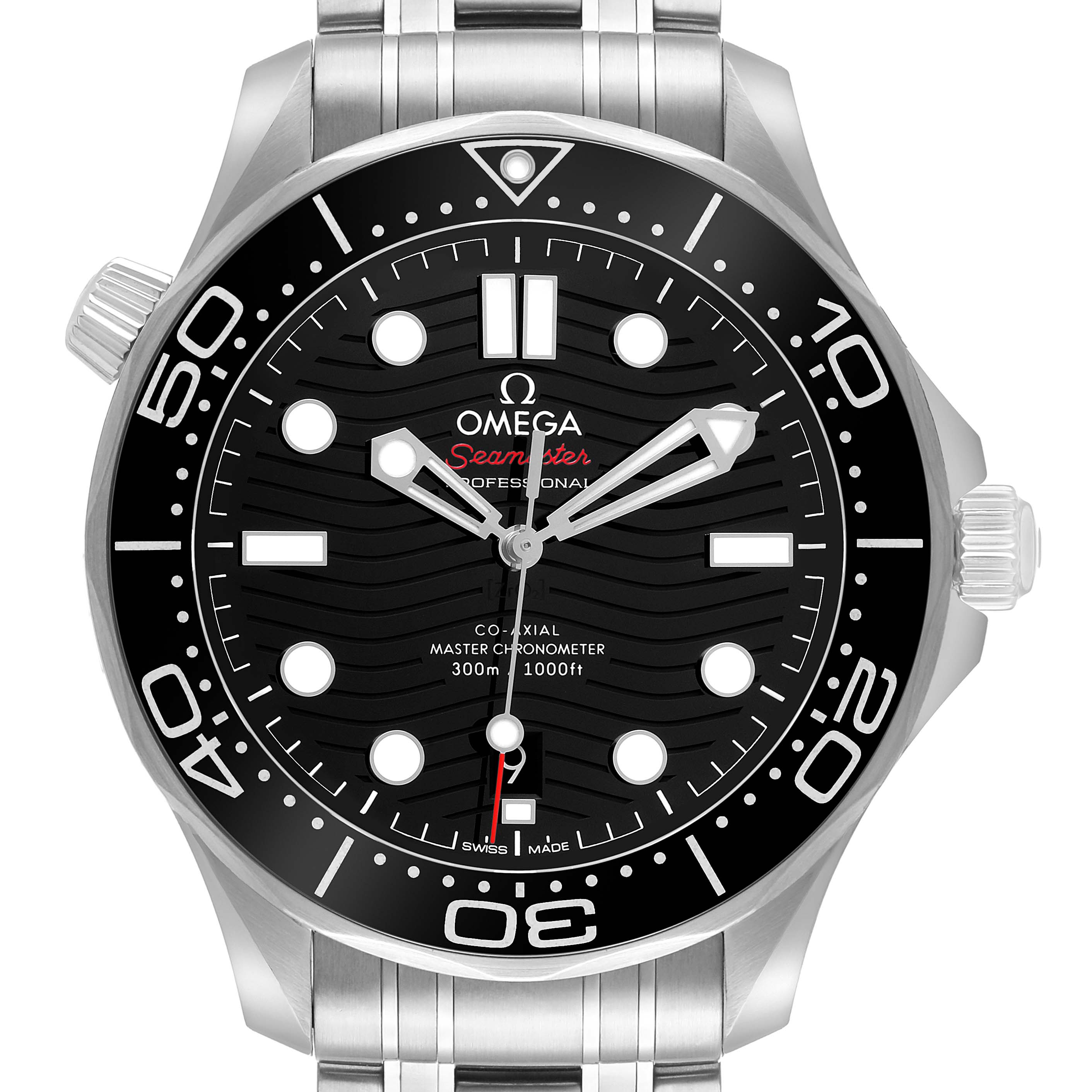 The image shows a front view of the Omega Seamaster 210.30.42.20.01.001 Men's Stainless Steel Black Dial watch, highlighting its face, bezel, and bracelet.
