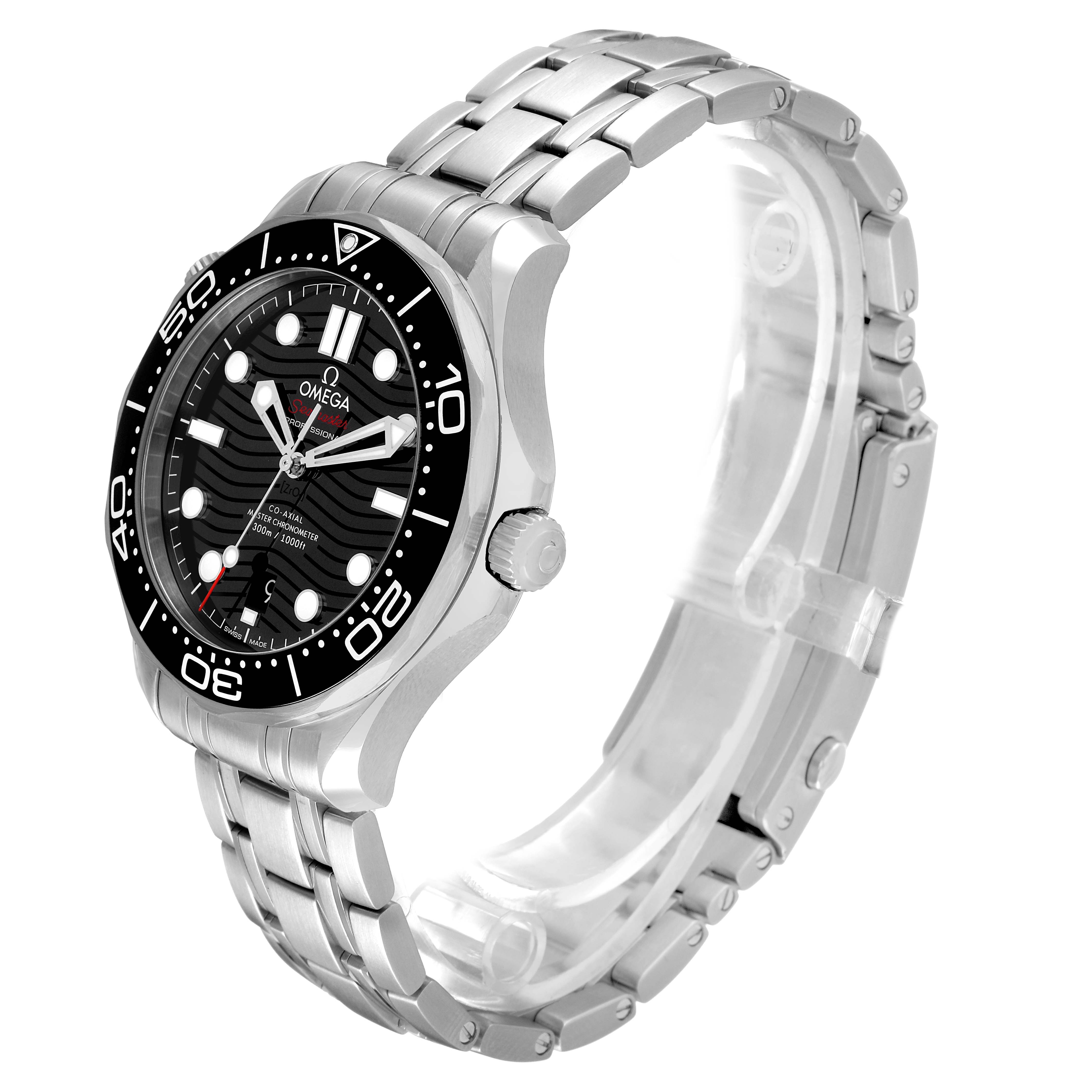 The Omega Seamaster 210.30.42.20.01.001 Men's Stainless Steel Black Dial watch is shown at a three-quarter angle, highlighting the face, bezel, crown, and metal bracelet.