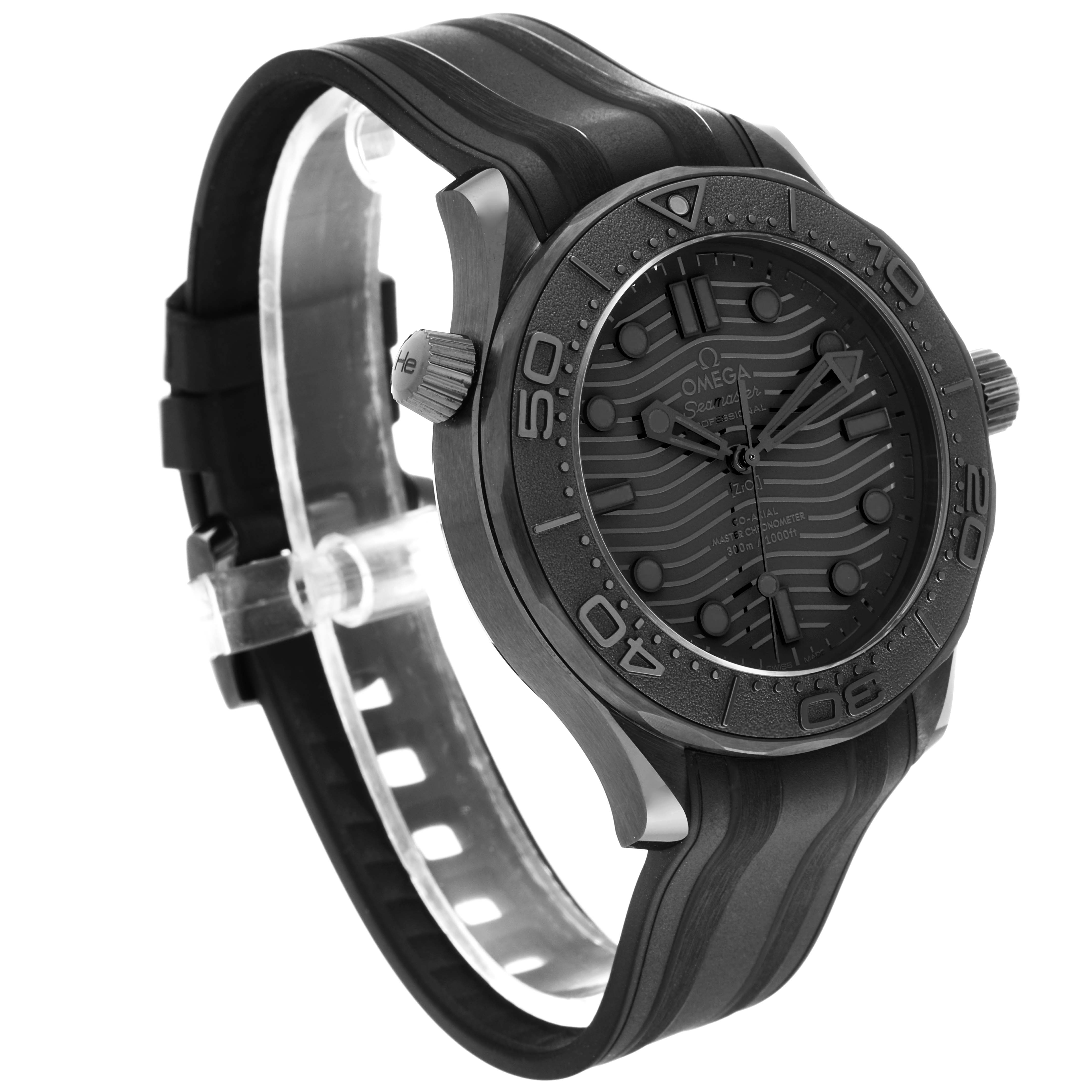 This image shows a side angle of the Omega Seamaster 210.92.44.20.01.003 Men's Ceramic Black Dial 210.92.44.20.01.003 Men's Ceramic Black Dial watch, highlighting its dial, bezel, crown, and strap.