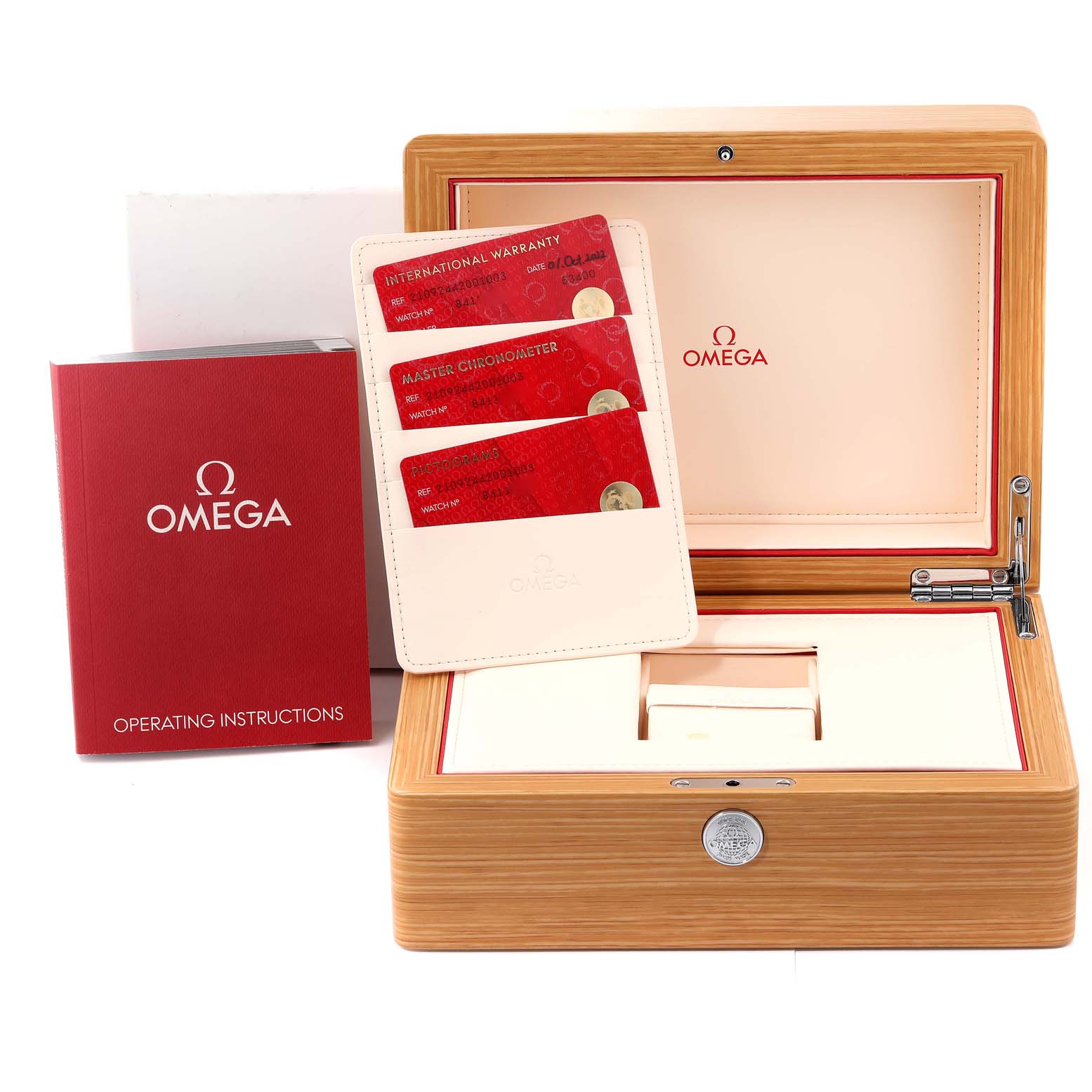 The image shows an Omega Seamaster 210.92.44.20.01.003 Men's Ceramic Black Dial 210.92.44.20.01.003 Men's Ceramic Black Dial watch box, warranty cards, and operating instructions.