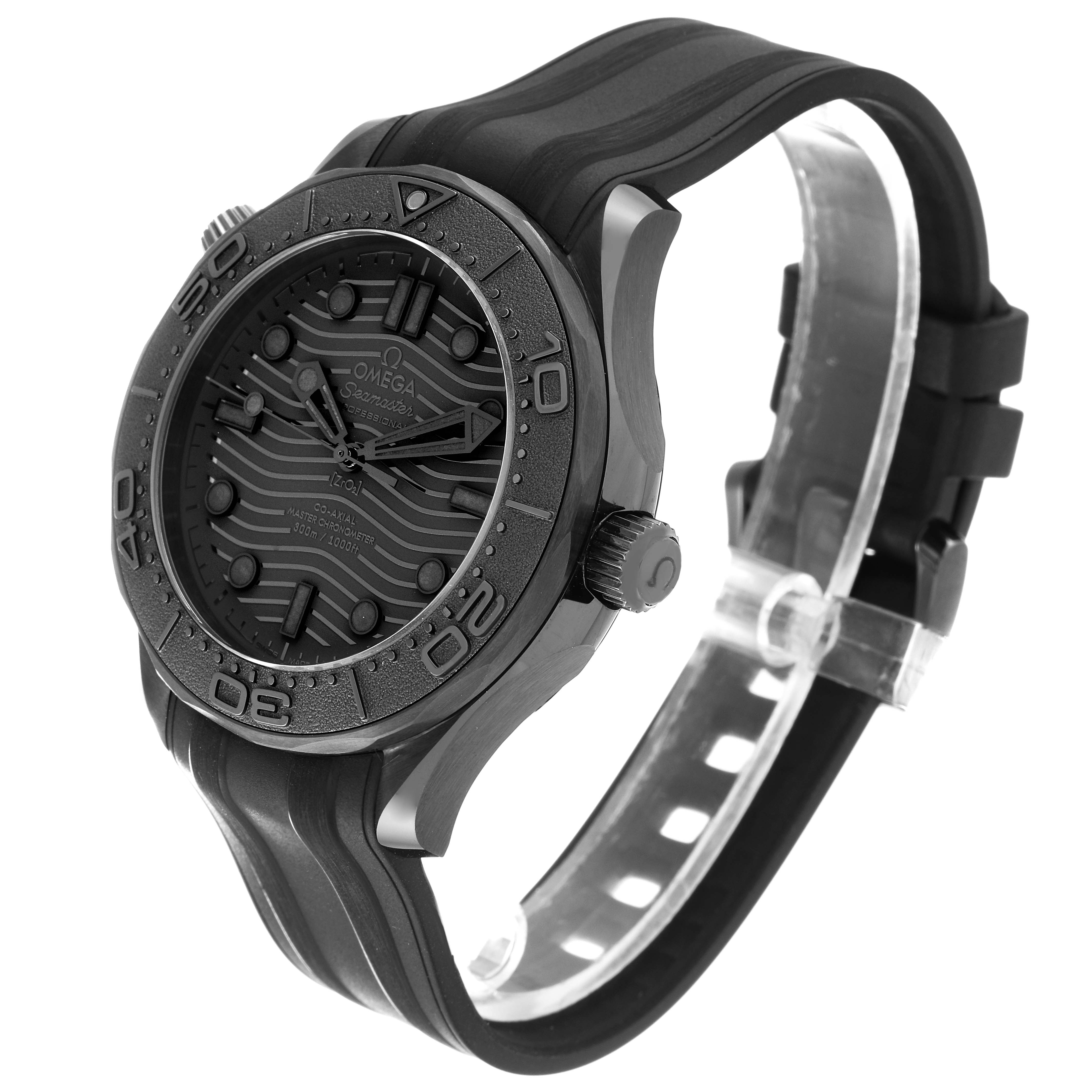 This image shows a side view of an Omega Seamaster 210.92.44.20.01.003 Men's Ceramic Black Dial 210.92.44.20.01.003 Men's Ceramic Black Dial watch, highlighting its case, dial, bezel, and rubber strap.