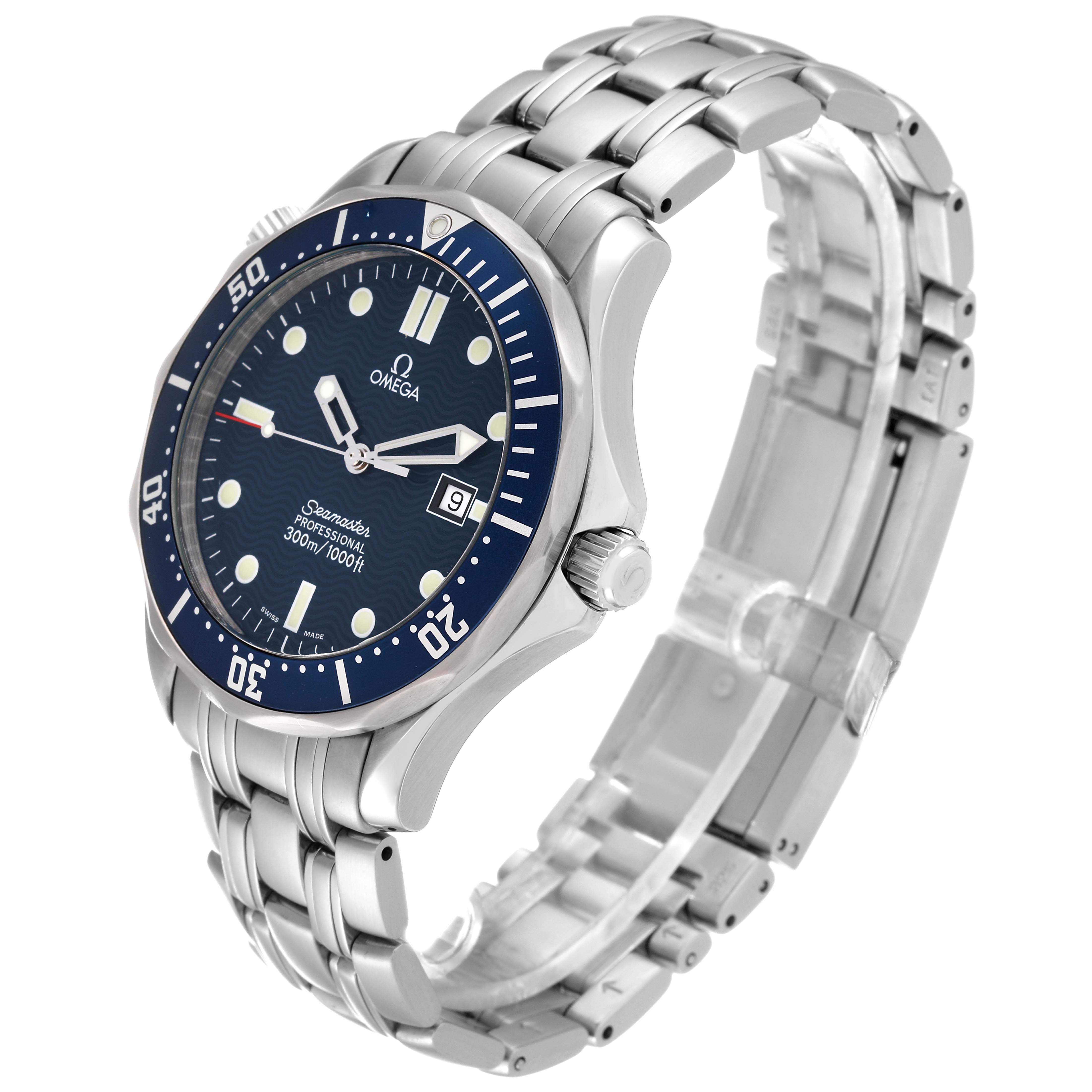 The Omega Seamaster 2541.80.00 Men
s Stainless Steel Blue Dial 2541.80.00 Men
s Stainless Steel Blue Dial watch is shown at a three-quarter angle, revealing the face, bezel, crown, and stainless steel bracelet.