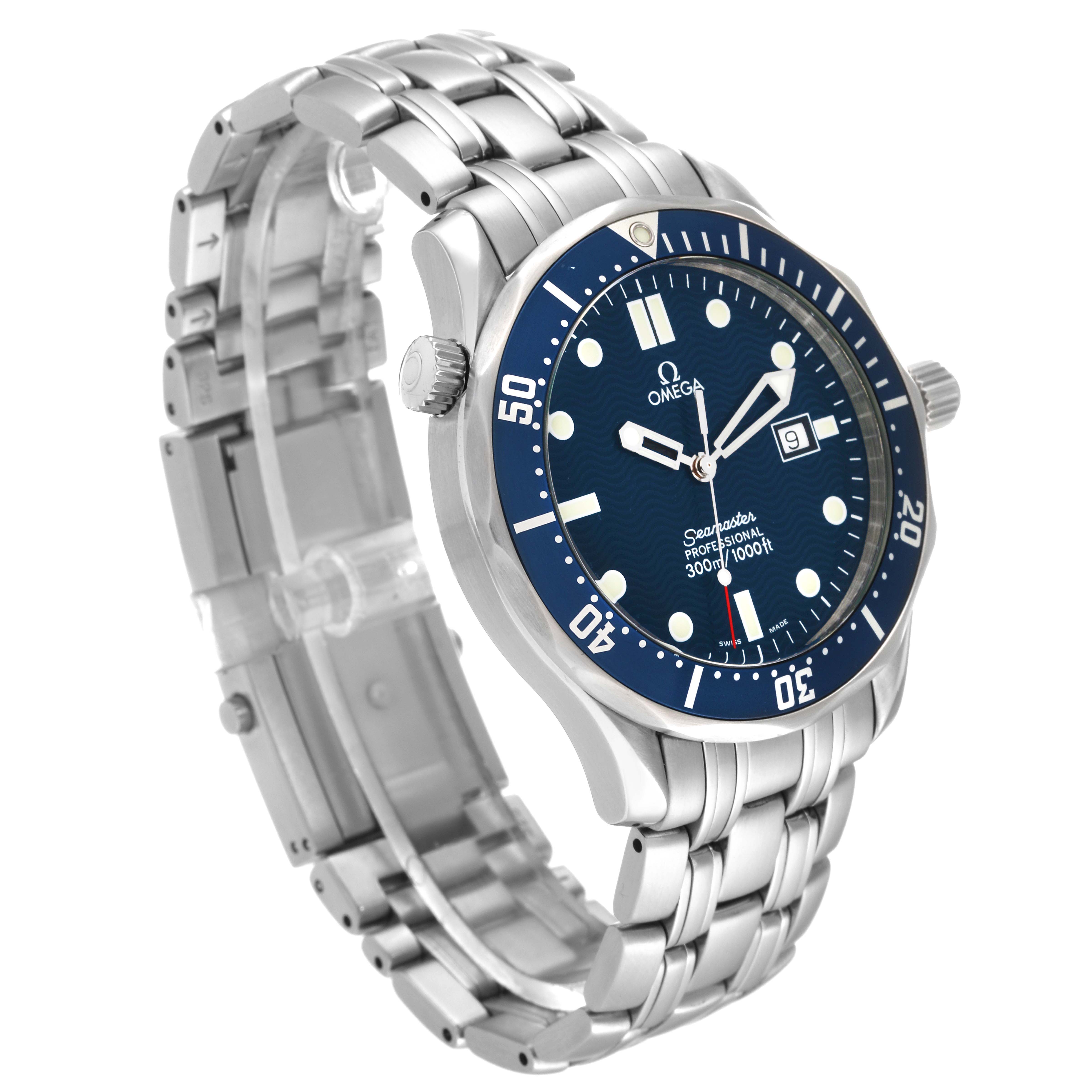 The Omega Seamaster 2541.80.00 Men
s Stainless Steel Blue Dial 2541.80.00 Men
s Stainless Steel Blue Dial watch is shown at a three-quarter angle, highlighting its face, bezel, crown, and metal bracelet.