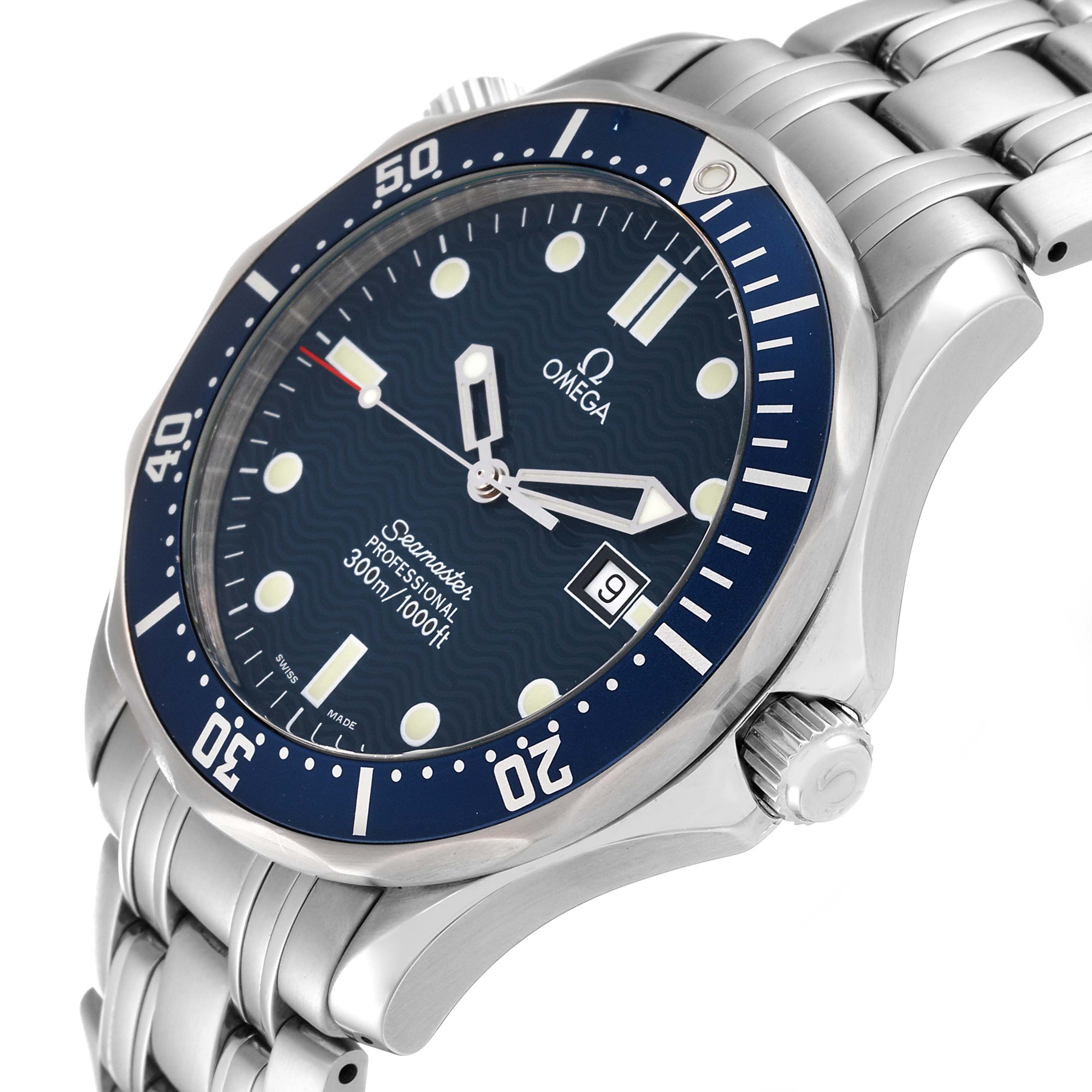 The image shows a side angle of an Omega Seamaster 2541.80.00 Men
s Stainless Steel Blue Dial 2541.80.00 Men
s Stainless Steel Blue Dial watch, highlighting the bezel, dial, date window, and bracelet.