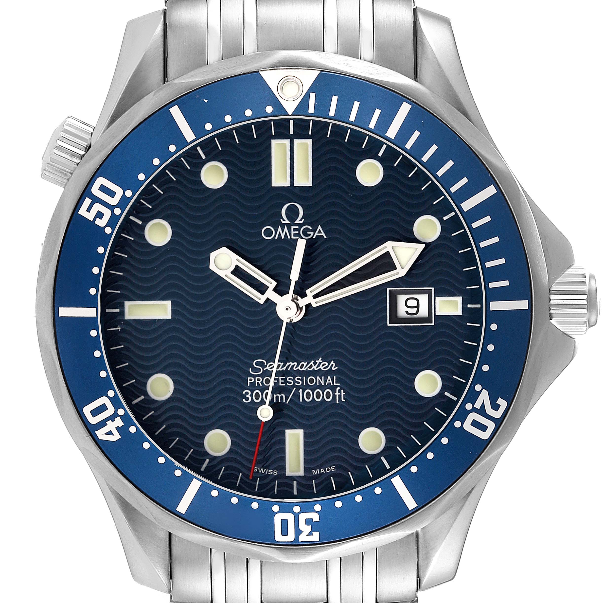 The image shows a front view of the Omega Seamaster 2541.80.00 Men
s Stainless Steel Blue Dial 2541.80.00 Men
s Stainless Steel Blue Dial watch, highlighting its blue dial, bezel, date window, and stainless steel bracelet.