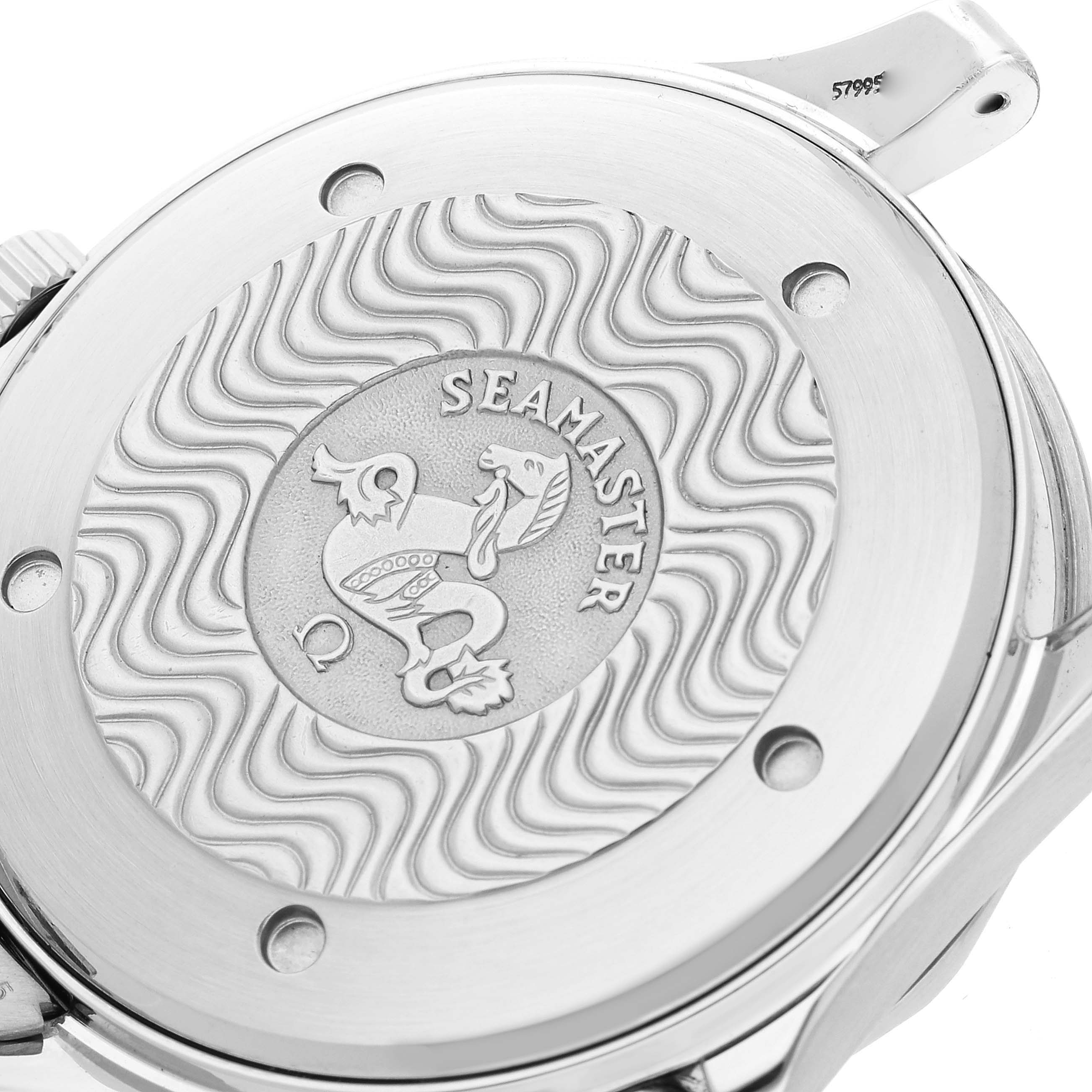 The image shows a close-up of the back case of an Omega Seamaster 2541.80.00 Men
s Stainless Steel Blue Dial 2541.80.00 Men
s Stainless Steel Blue Dial watch, featuring the wavy pattern and the Seamaster logo.