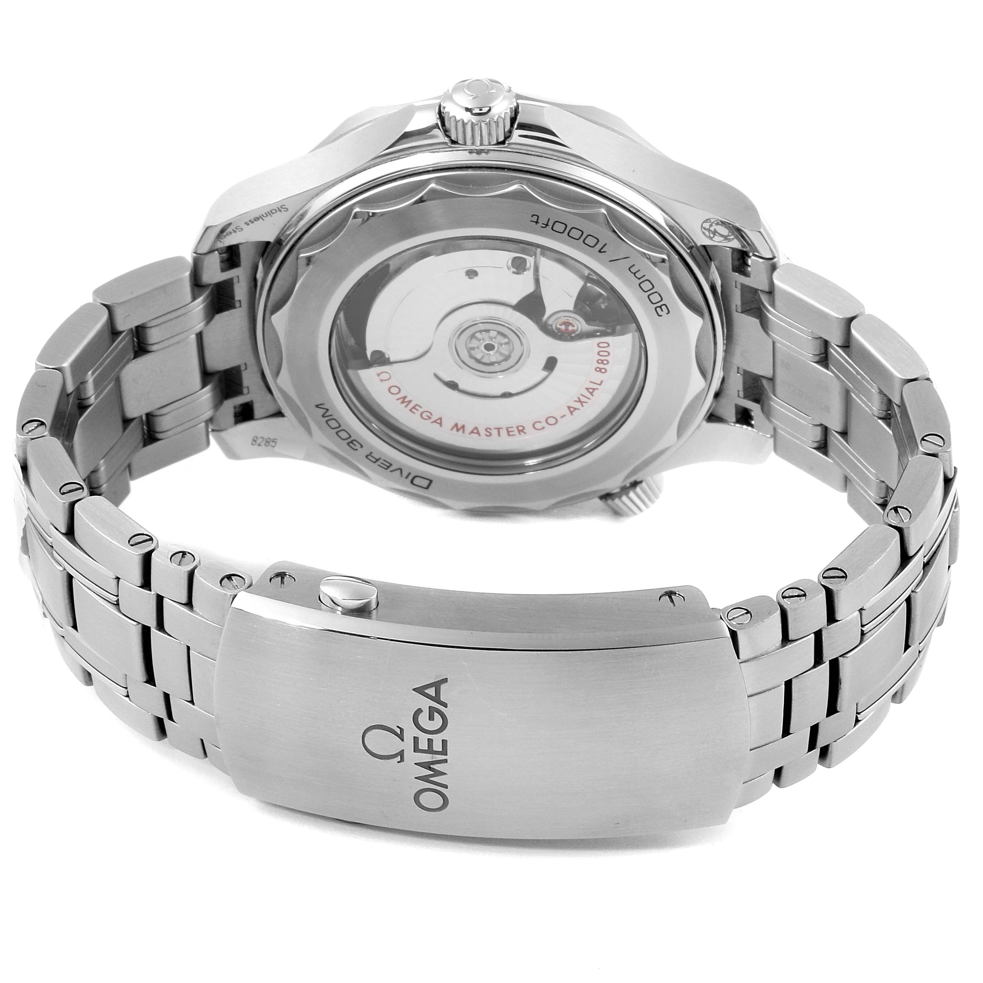 The image shows the back angle of the Omega Seamaster 210.30.42.20.01.001 Men
s Stainless Steel Black Dial 210.30.42.20.01.001 Men
s Stainless Steel Black Dial watch, highlighting the case back and metal bracelet with an Omega-branded clasp.