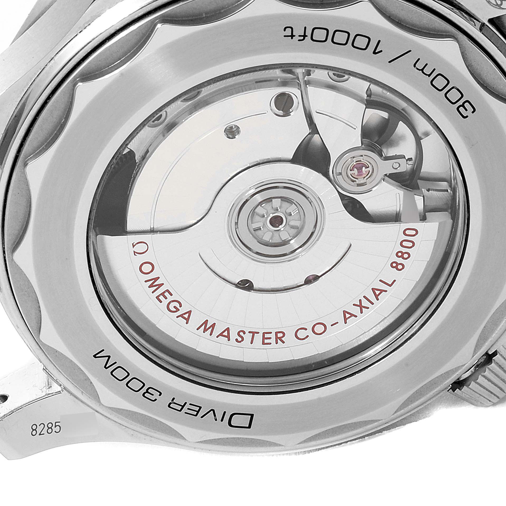 The image shows the back view of the Omega Seamaster 210.30.42.20.01.001 Men
s Stainless Steel Black Dial 210.30.42.20.01.001 Men
s Stainless Steel Black Dial watch, highlighting the Omega Master Co-Axial 8800 movement.