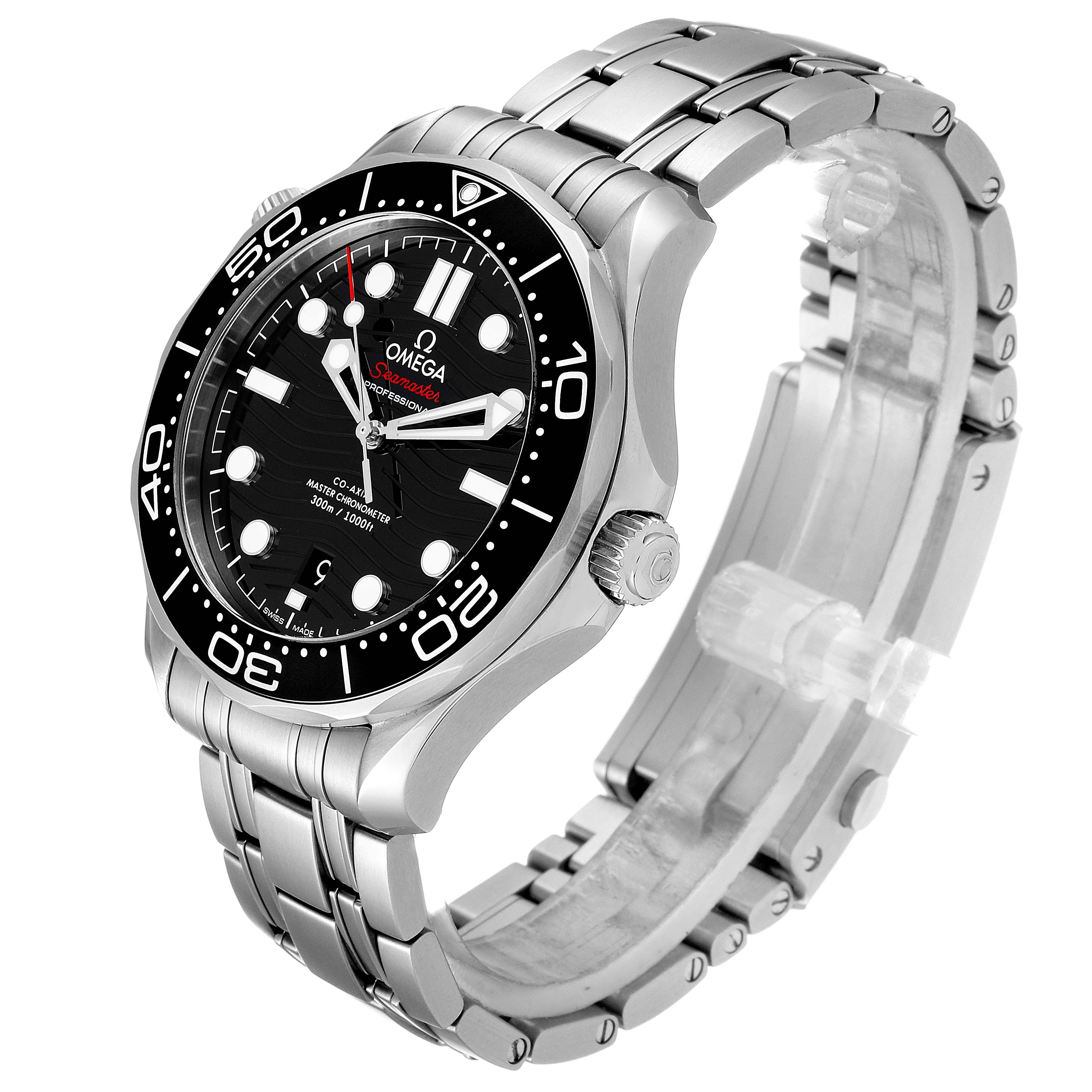 The Omega Seamaster 210.30.42.20.01.001 Men
s Stainless Steel Black Dial 210.30.42.20.01.001 Men
s Stainless Steel Black Dial watch is shown from a 3/4 angle displaying the face, bezel, crown, and stainless steel bracelet.