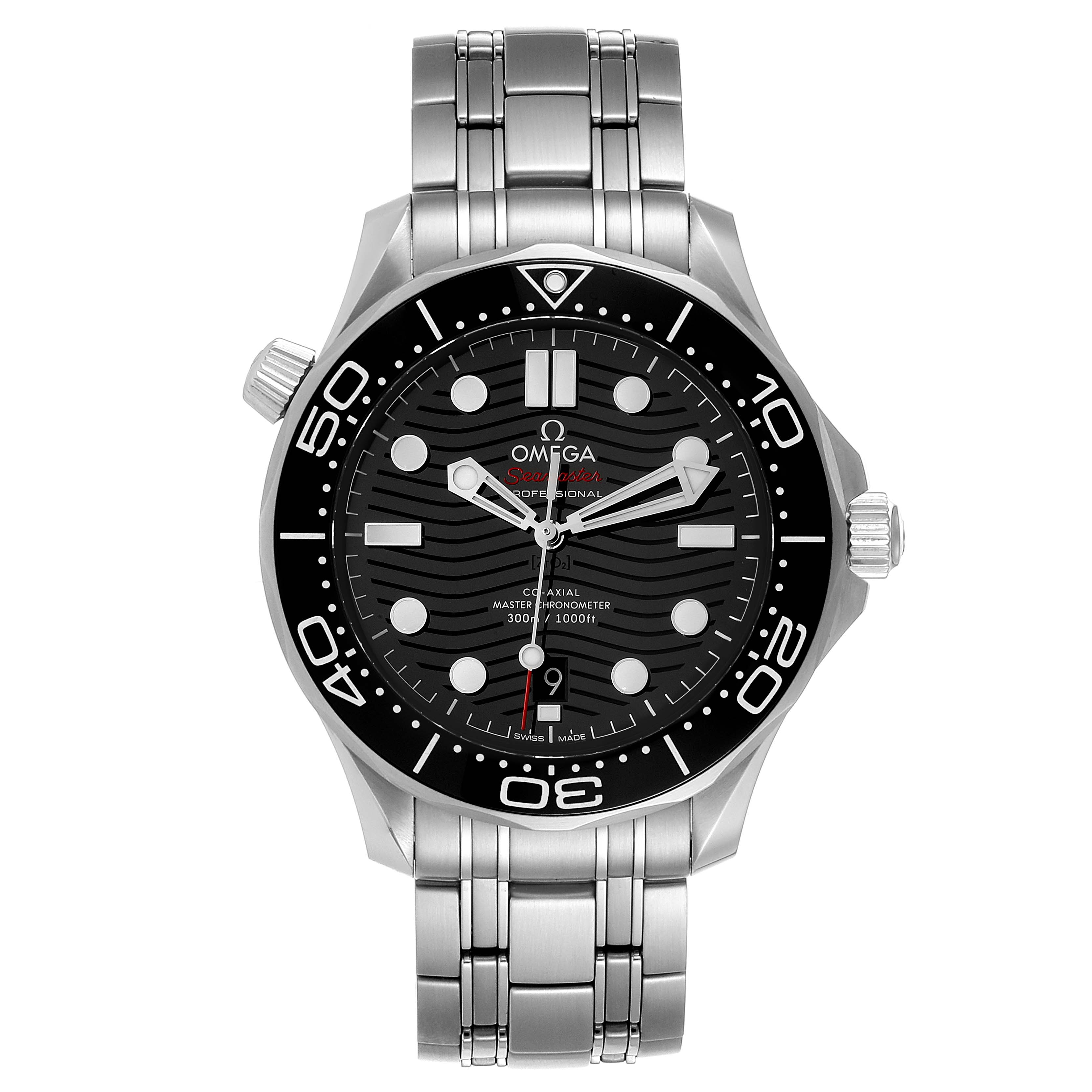 The image shows the front view of an Omega Seamaster 210.30.42.20.01.001 Men
s Stainless Steel Black Dial 210.30.42.20.01.001 Men
s Stainless Steel Black Dial watch, featuring the dial, bezel, and bracelet.