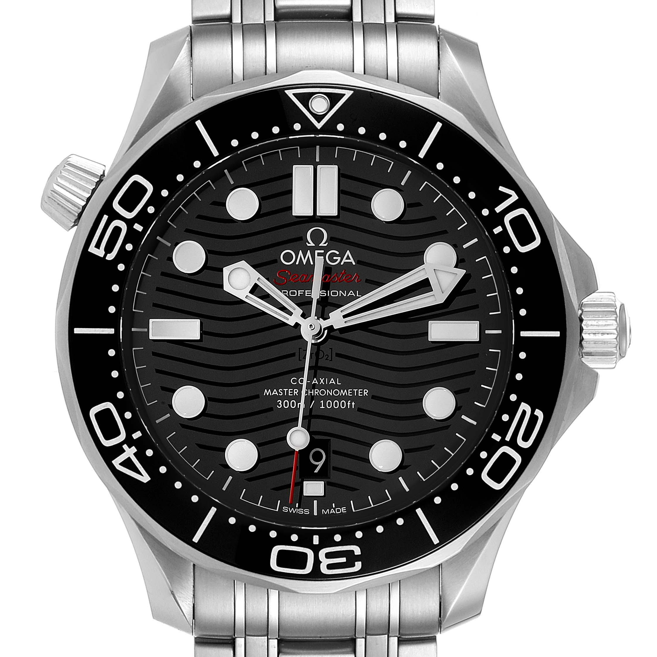The image shows a front view of the Omega Seamaster 210.30.42.20.01.001 Men
s Stainless Steel Black Dial 210.30.42.20.01.001 Men
s Stainless Steel Black Dial watch, highlighting its face, bezel, hands, and part of the bracelet.