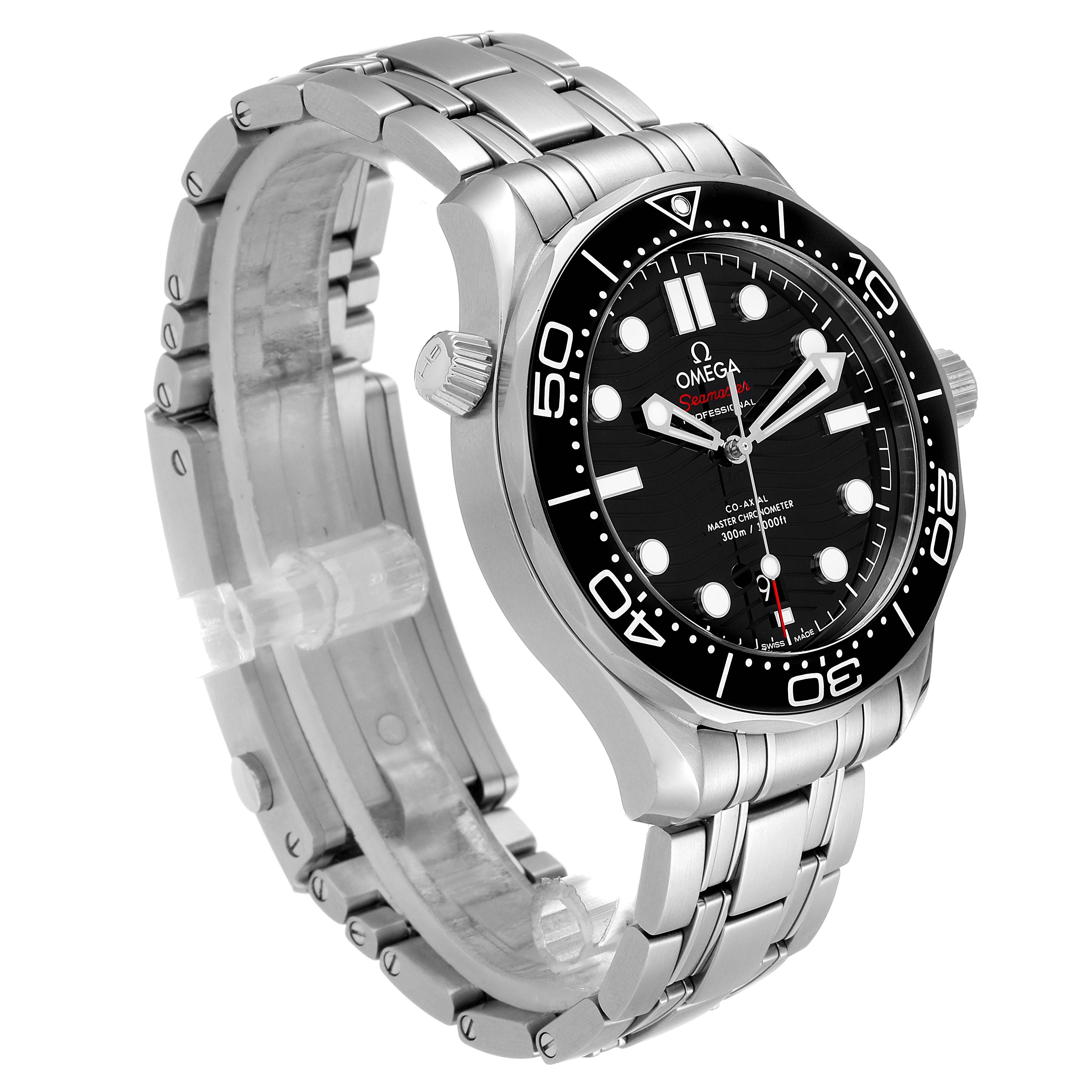 The image shows a side and front angled view of the Omega Seamaster 210.30.42.20.01.001 Men
s Stainless Steel Black Dial 210.30.42.20.01.001 Men
s Stainless Steel Black Dial watch, displaying the face, bezel, crown, and stainless steel bracelet.