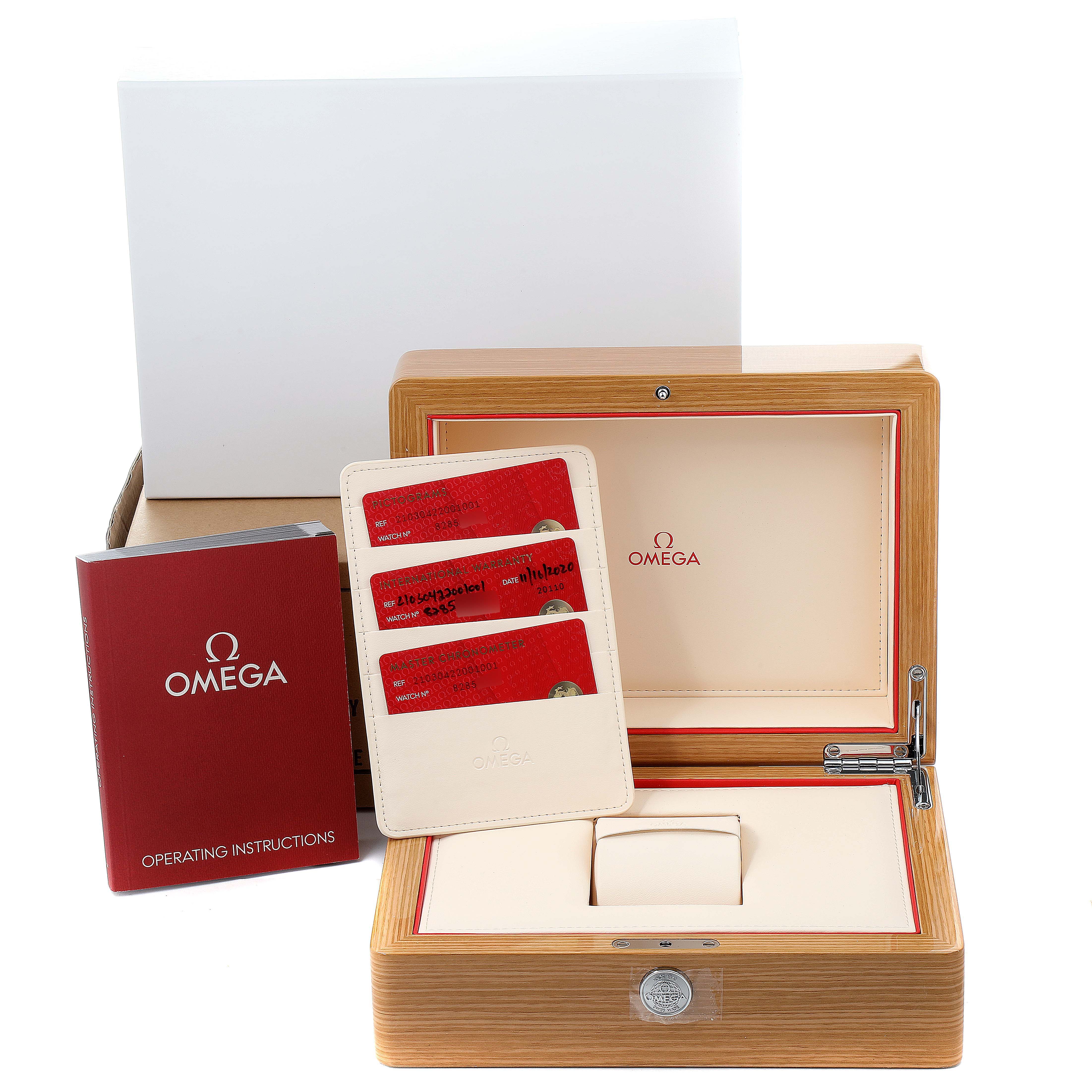 This image shows the box, warranty cards, and operating instructions for an Omega Seamaster 210.30.42.20.01.001 Men
s Stainless Steel Black Dial 210.30.42.20.01.001 Men
s Stainless Steel Black Dial watch from a front angle.