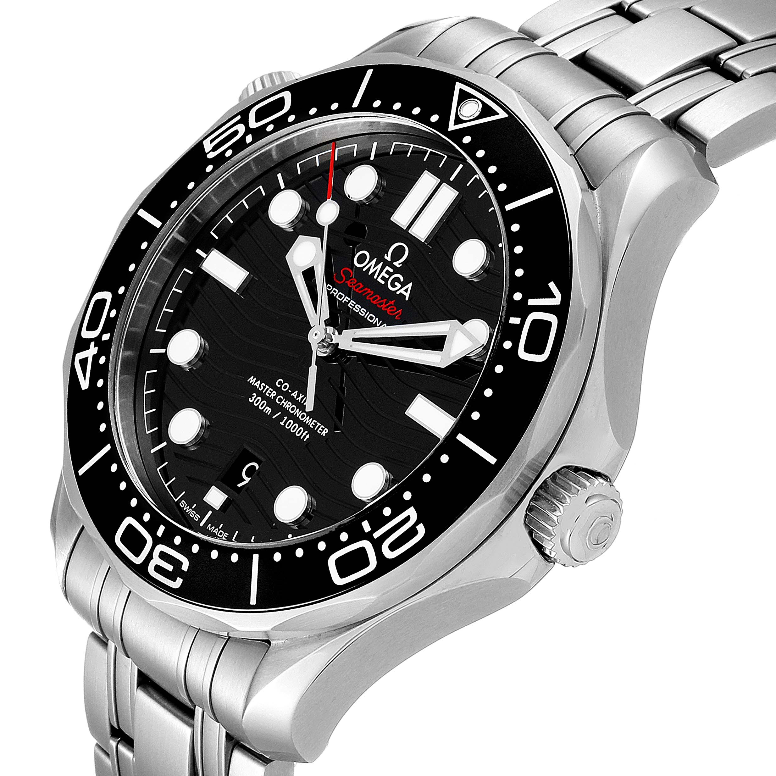 The image shows an angled view of the Omega Seamaster 210.30.42.20.01.001 Men
s Stainless Steel Black Dial 210.30.42.20.01.001 Men
s Stainless Steel Black Dial watch, highlighting its dial, bezel, crown, and part of the stainless steel bracelet.
