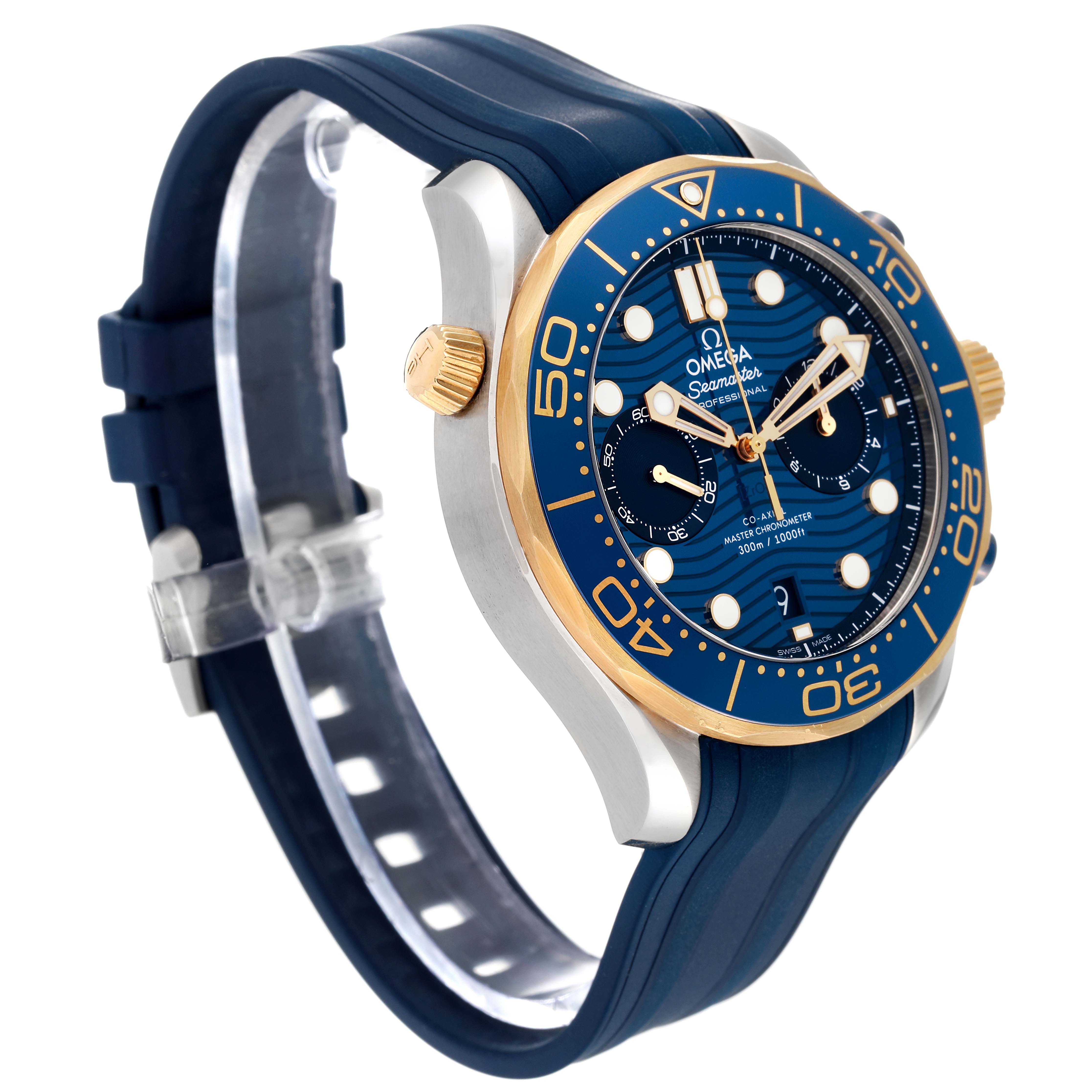 The image shows an Omega Seamaster 210.22.44.51.03.001 Men's Steel and Gold (two tone) Blue Dial 210.22.44.51.03.001 Men's Steel and Gold (two tone) Blue Dial watch at a three-quarter angle, highlighting its blue dial, bezel, and rubber strap.
