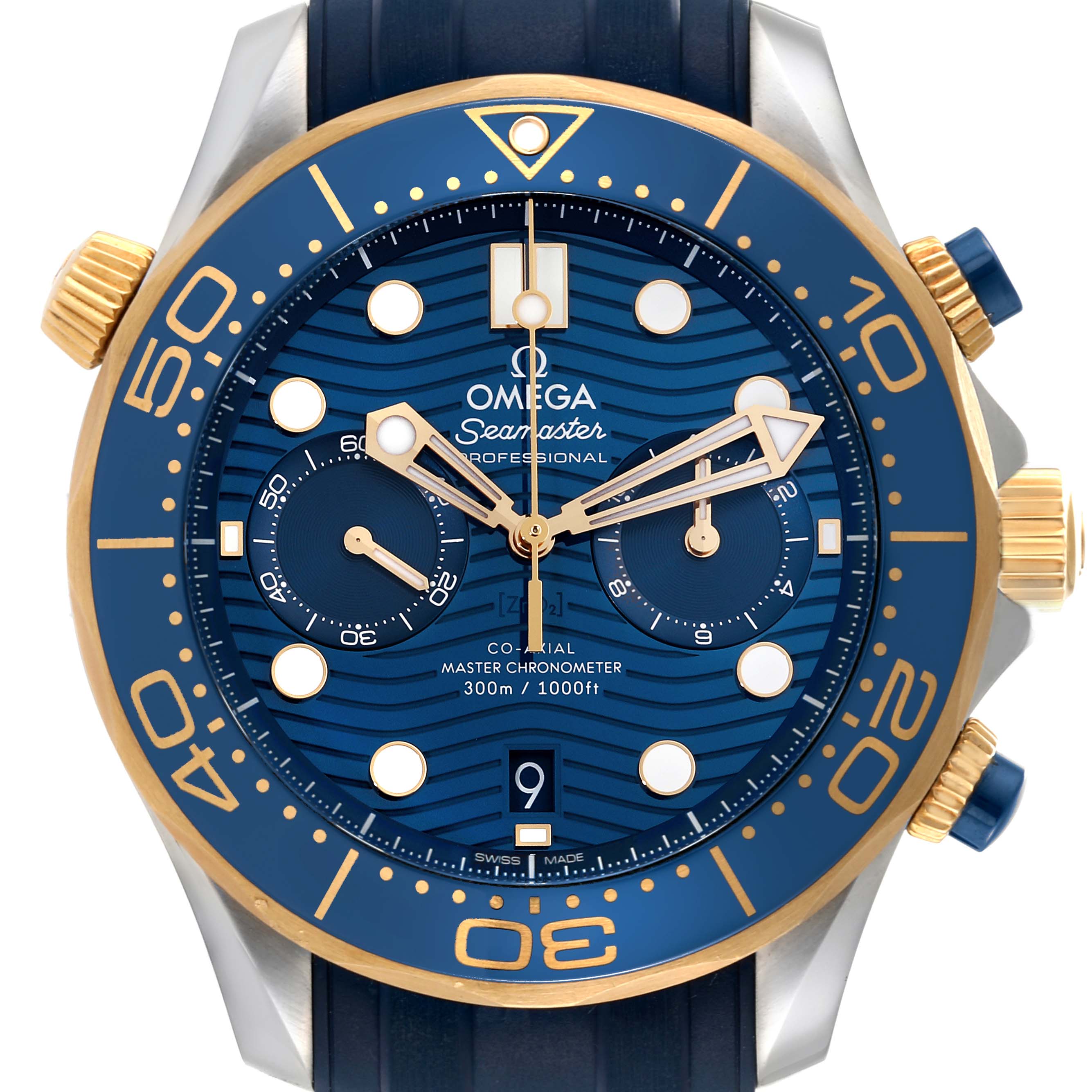 This is a front view of the Omega Seamaster 210.22.44.51.03.001 Men's Steel and Gold (two tone) Blue Dial 210.22.44.51.03.001 Men's Steel and Gold (two tone) Blue Dial watch, showing the dial, bezel, crown, and pushers.