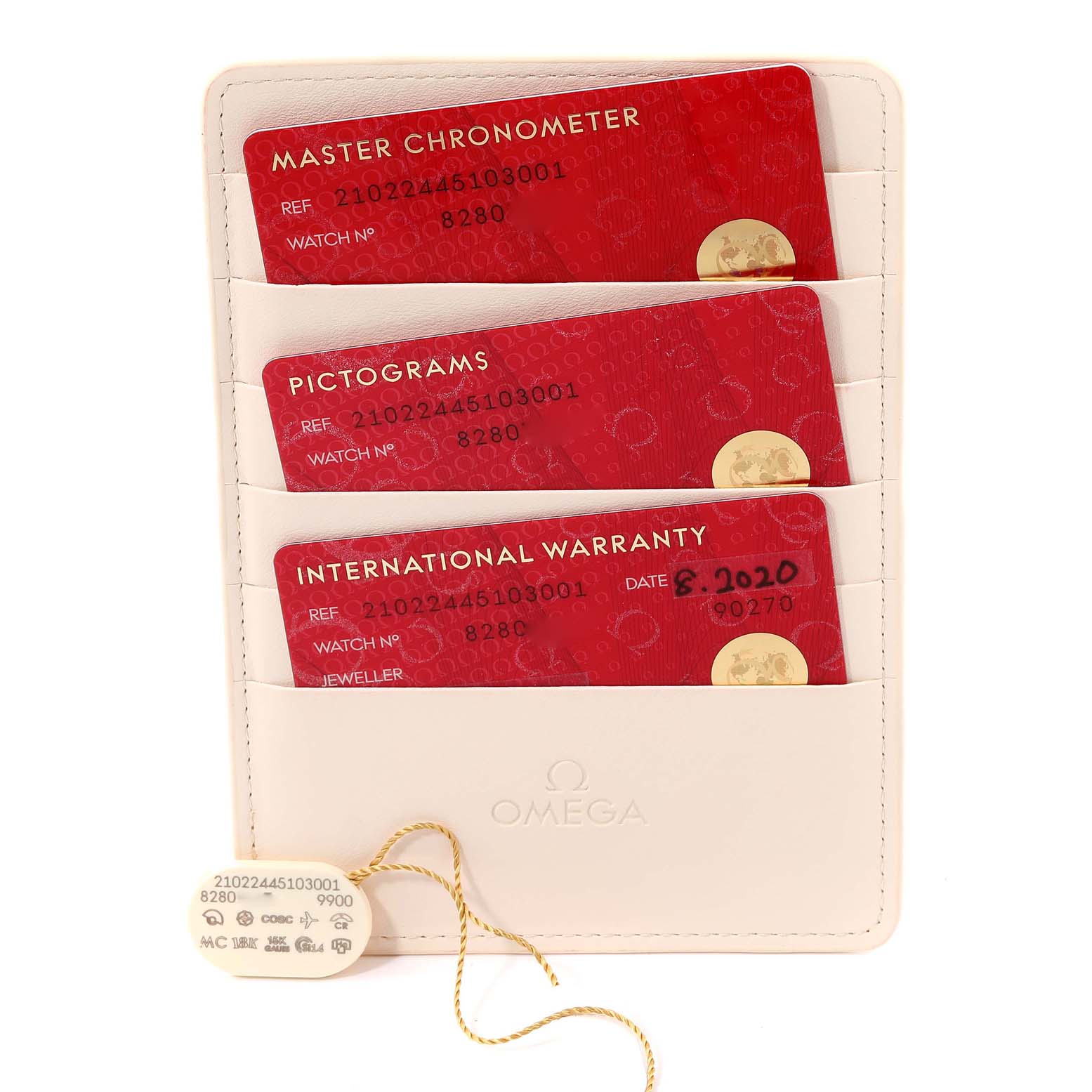 The image shows the warranty cards and tag for the Omega Seamaster 210.22.44.51.03.001 Men's Steel and Gold (two tone) Blue Dial 210.22.44.51.03.001 Men's Steel and Gold (two tone) Blue Dial model, neatly placed in a branded cardholder.