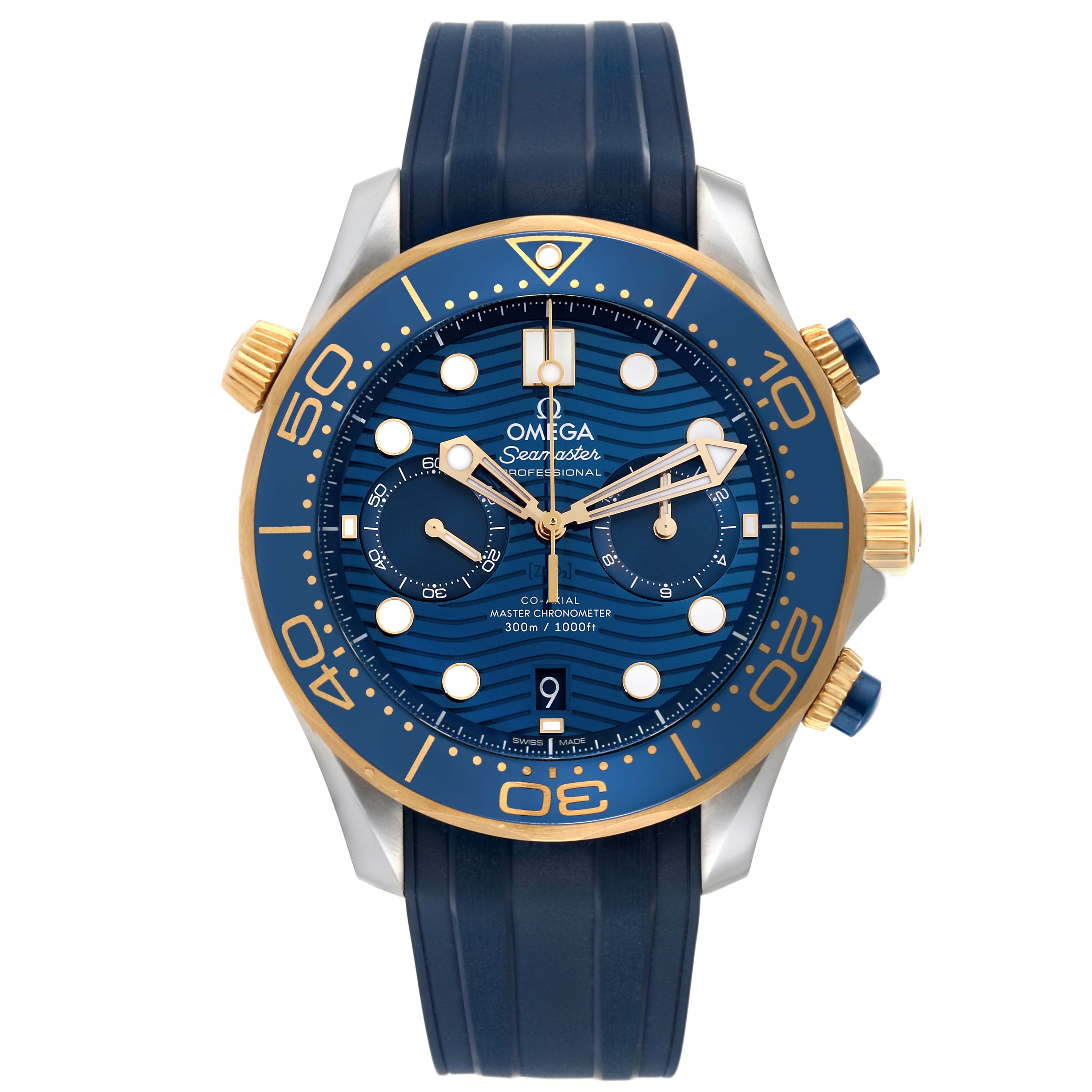 The image shows a frontal view of the Omega Seamaster 210.22.44.51.03.001 Men's Steel and Gold (two tone) Blue Dial 210.22.44.51.03.001 Men's Steel and Gold (two tone) Blue Dial watch, highlighting its dial, bezel, hands, and strap.