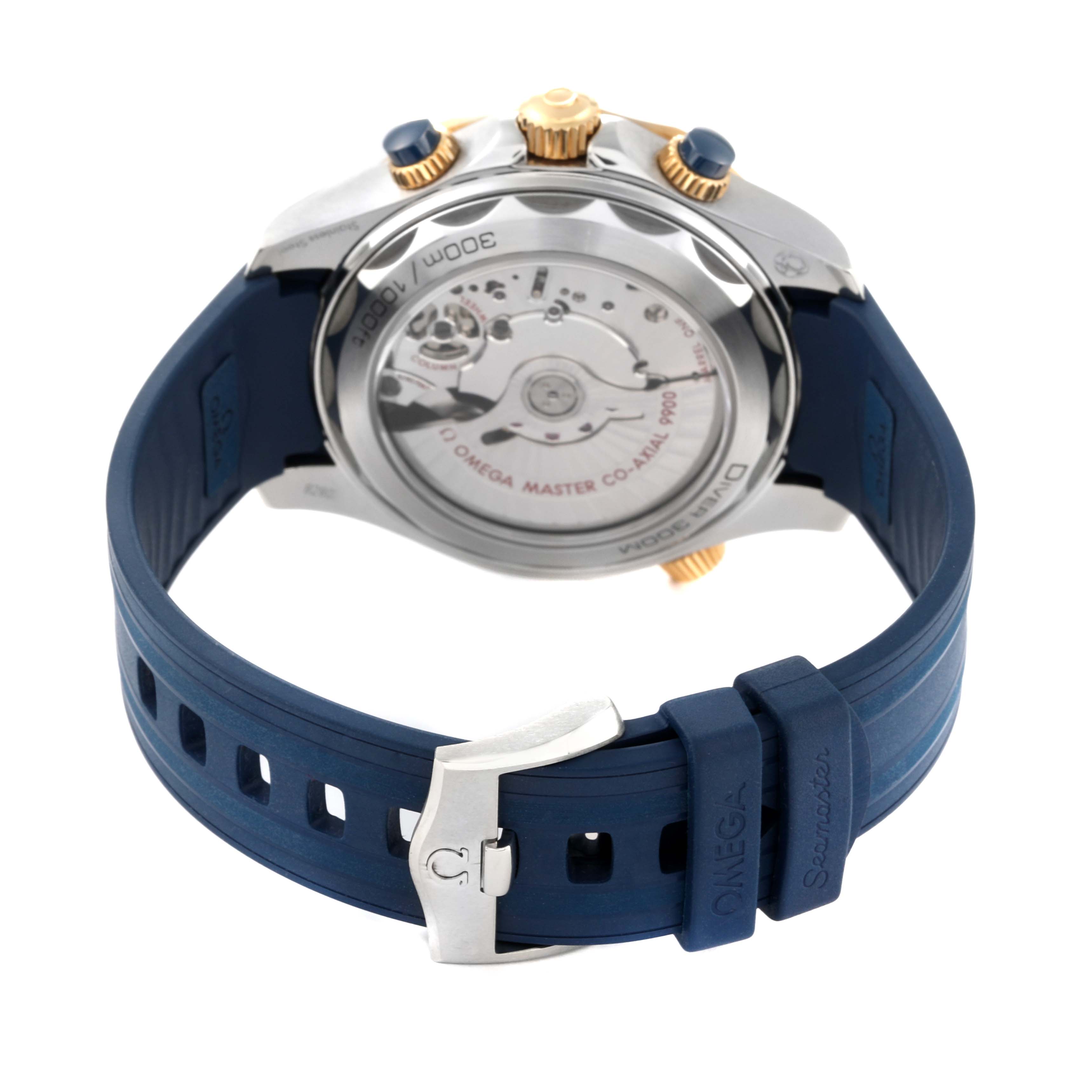 The image shows the back view of an Omega Seamaster 210.22.44.51.03.001 Men's Steel and Gold (two tone) Blue Dial 210.22.44.51.03.001 Men's Steel and Gold (two tone) Blue Dial watch, highlighting its movement, caseback, and blue rubber strap with Omega branding.