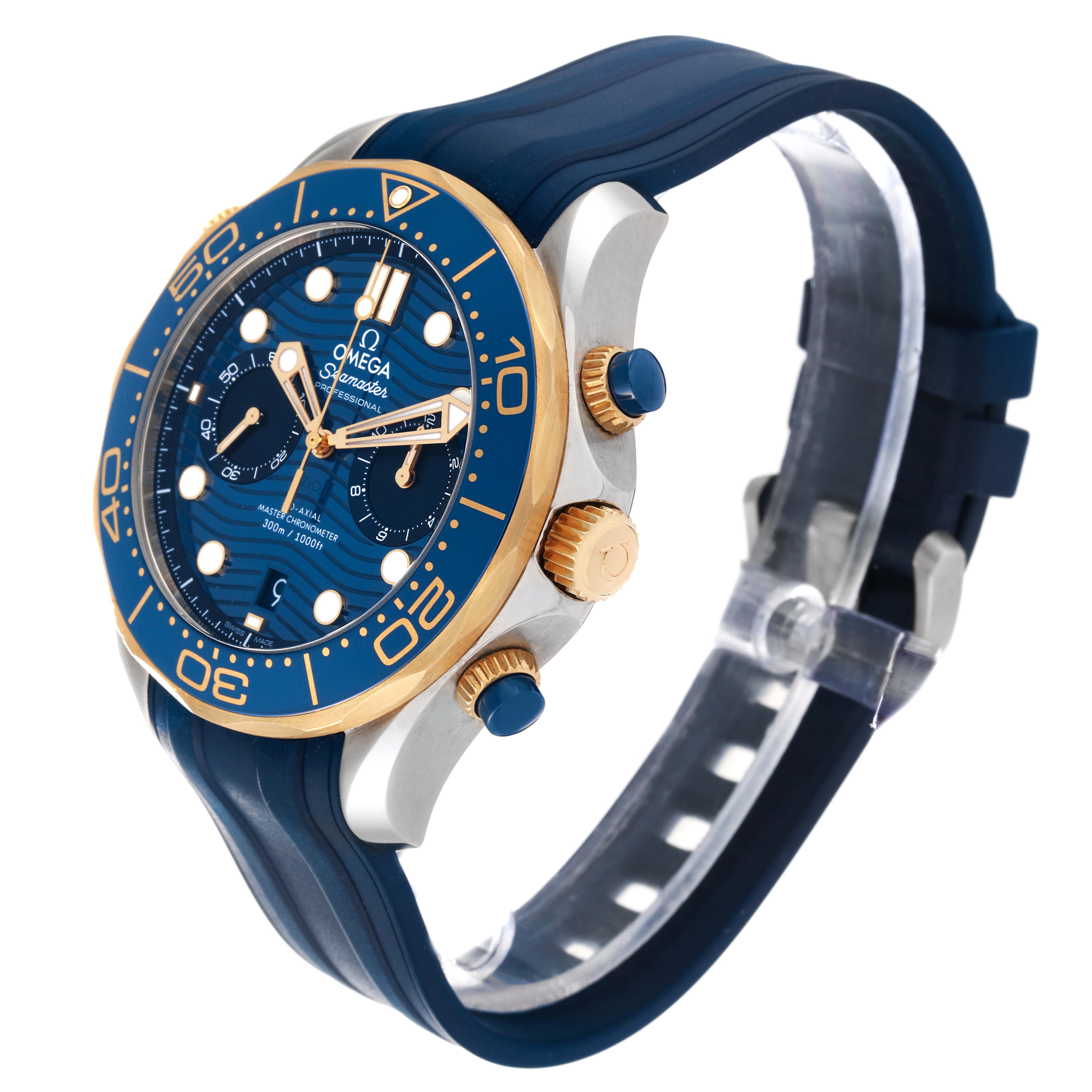The image shows an angled side view of an Omega Seamaster 210.22.44.51.03.001 Men's Steel and Gold (two tone) Blue Dial 210.22.44.51.03.001 Men's Steel and Gold (two tone) Blue Dial watch, highlighting its blue and gold bezel, crown, and strap.
