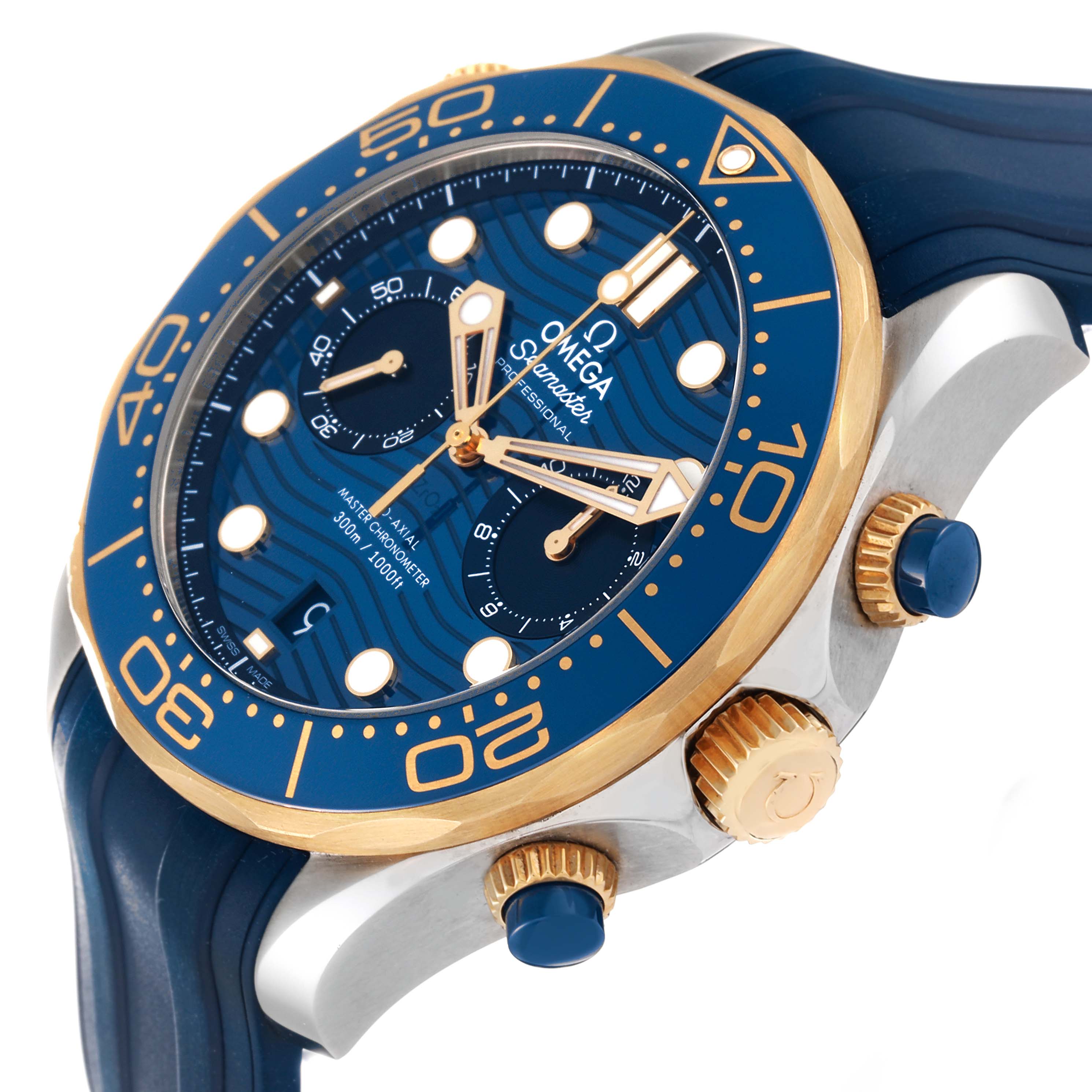This image shows a close-up angled view of the Omega Seamaster 210.22.44.51.03.001 Men's Steel and Gold (two tone) Blue Dial 210.22.44.51.03.001 Men's Steel and Gold (two tone) Blue Dial watch, highlighting its blue dial, gold bezel, and chronograph pushers.