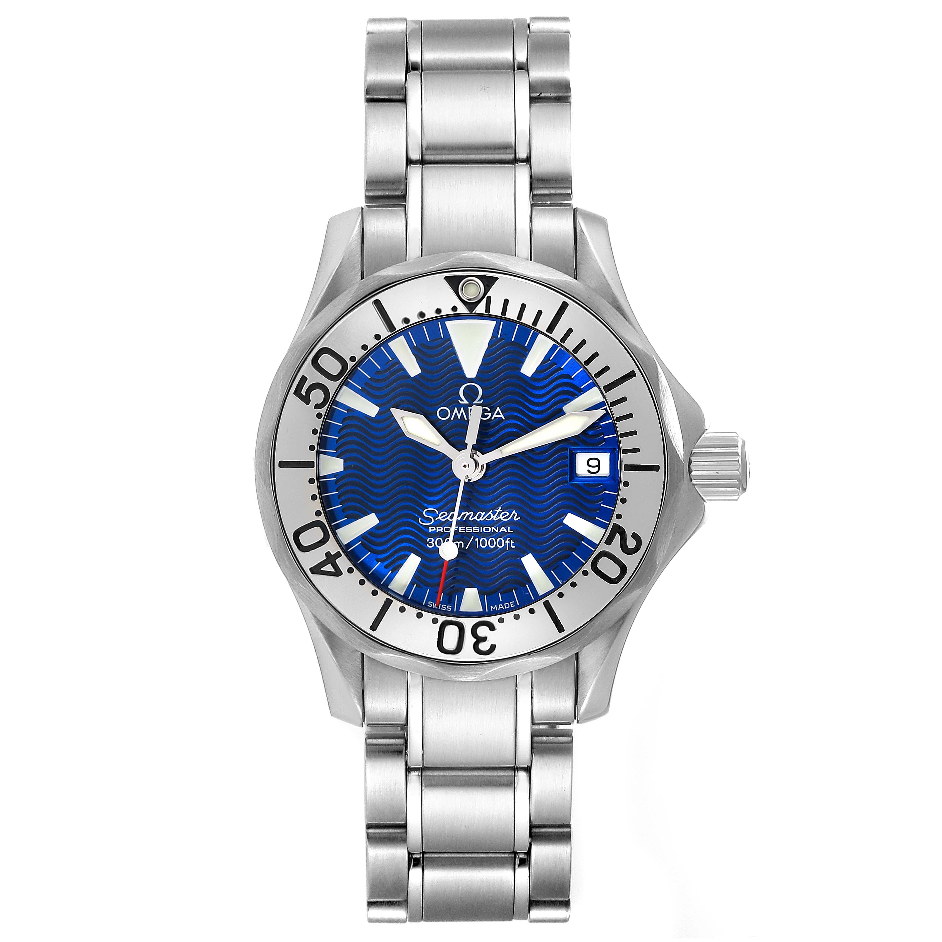 This image shows a frontal view of an Omega 2285.80.00 Women's Stainless Steel Blue Dial 2285.80.00 Women's Stainless Steel Blue Dial Seamaster Diver Quartz 28mm Steel Ladies Watch, model 2285.80.00.