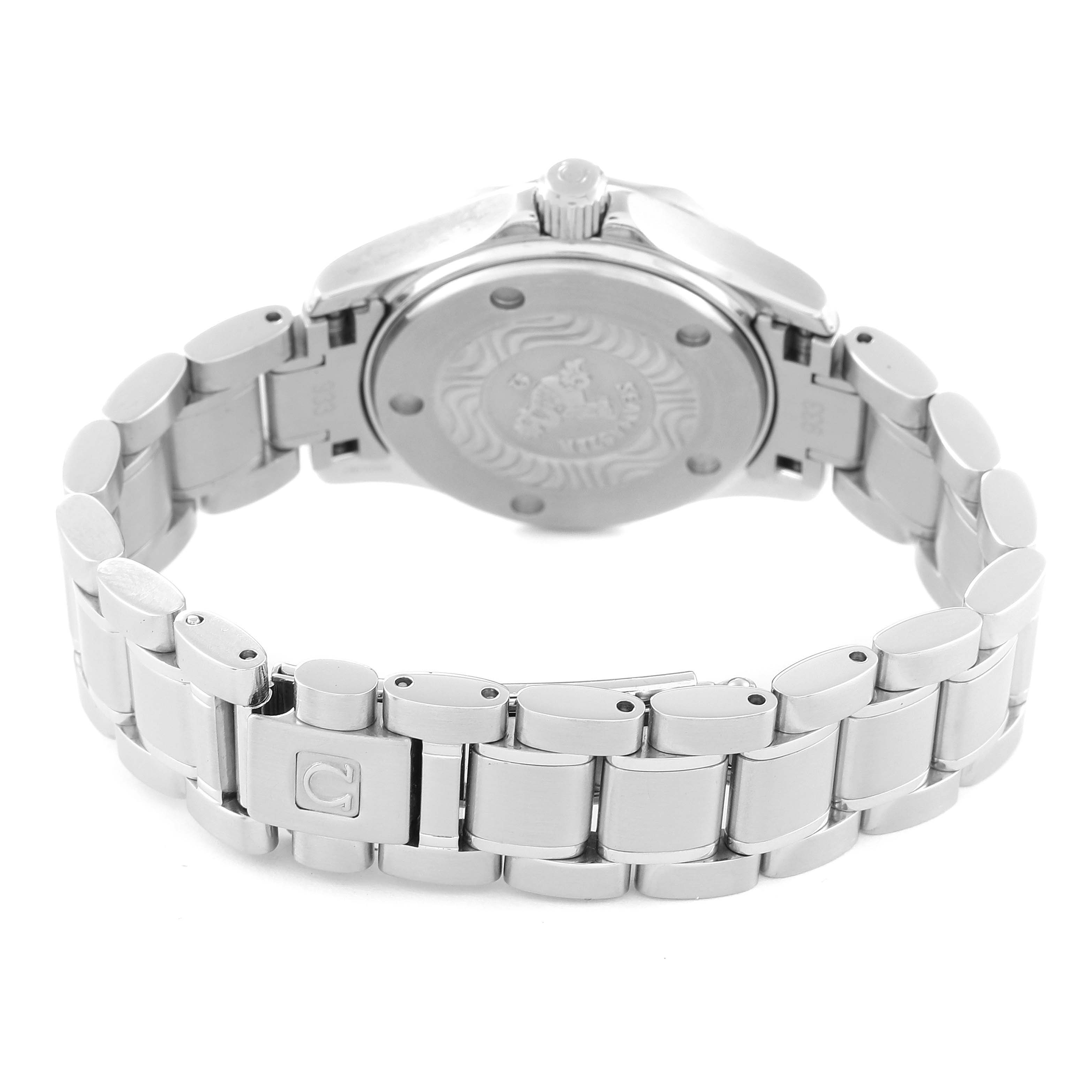 The image shows the back and part of the bracelet of the Omega 2285.80.00 Women's Stainless Steel Blue Dial 2285.80.00 Women's Stainless Steel Blue Dial Seamaster Diver Quartz 28mm Steel Ladies Watch, model 2285.80.00.