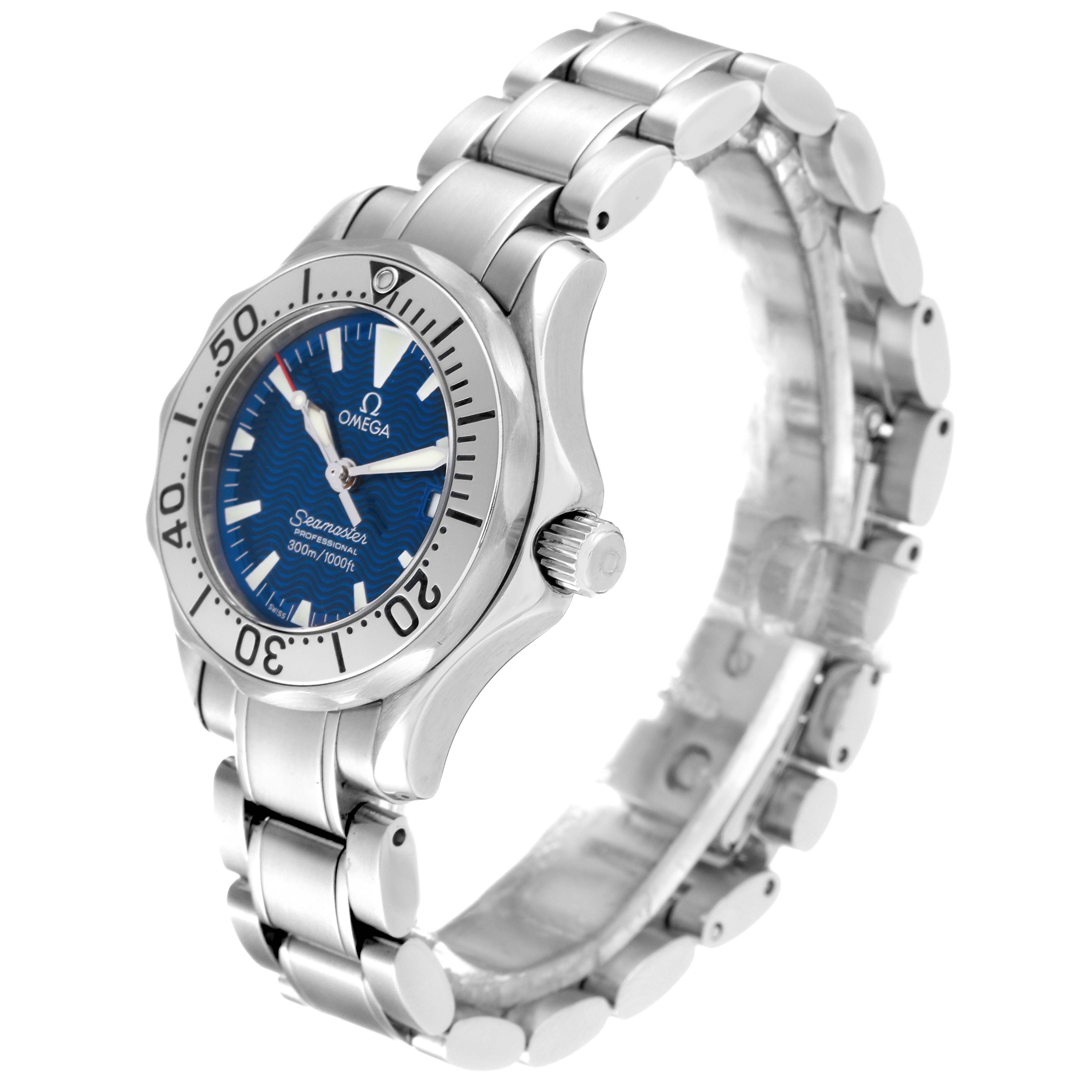 The image shows a side view of the Omega 2285.80.00 Women's Stainless Steel Blue Dial 2285.80.00 Women's Stainless Steel Blue Dial Seamaster Diver 2285.80.00 Ladies Watch, highlighting its bezel, dial, crown, and bracelet.