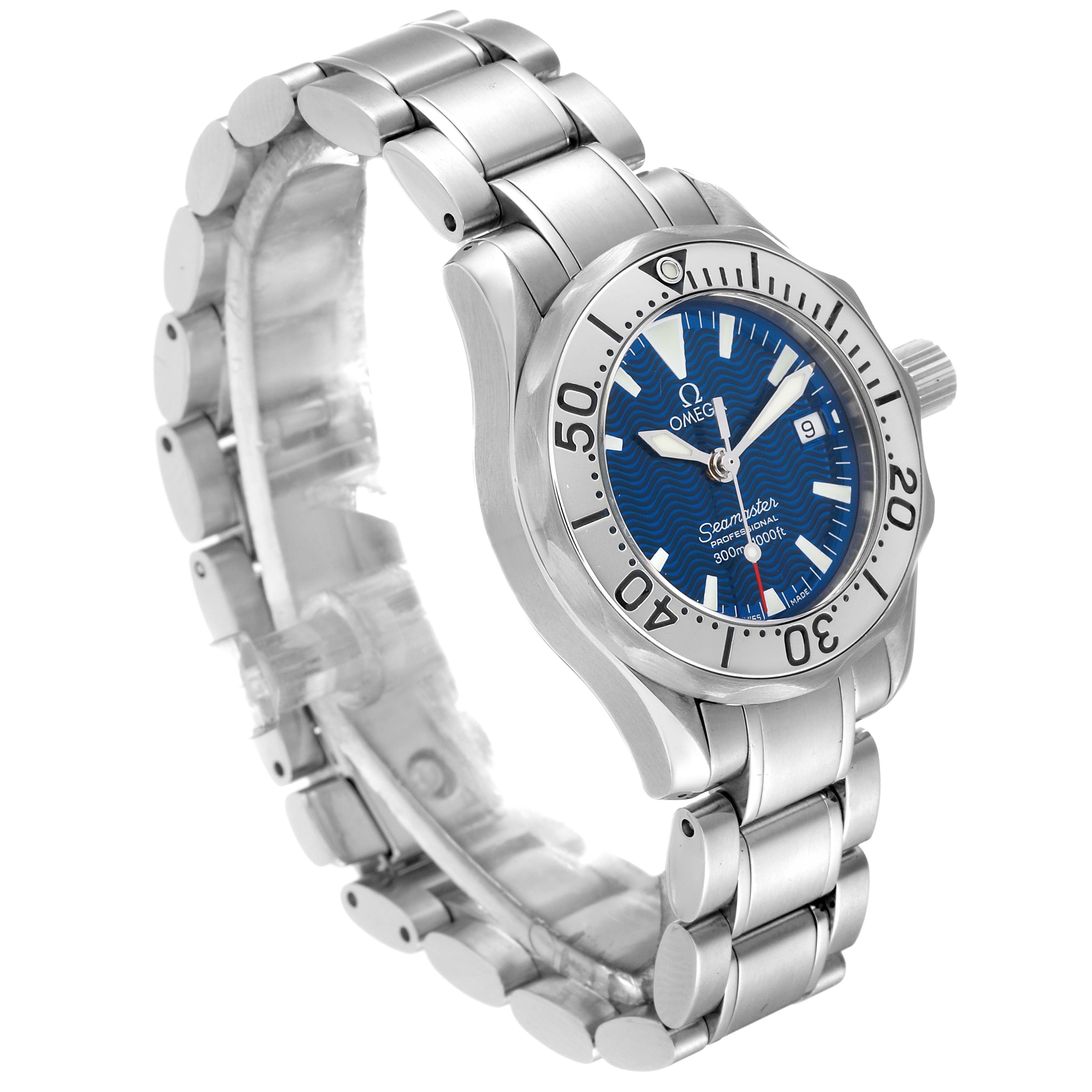 The image shows a front-side angle of the Omega 2285.80.00 Women's Stainless Steel Blue Dial 2285.80.00 Women's Stainless Steel Blue Dial Seamaster Diver Quartz 28mm Steel Ladies Watch 2285.80.00, highlighting the dial, bezel, and bracelet.