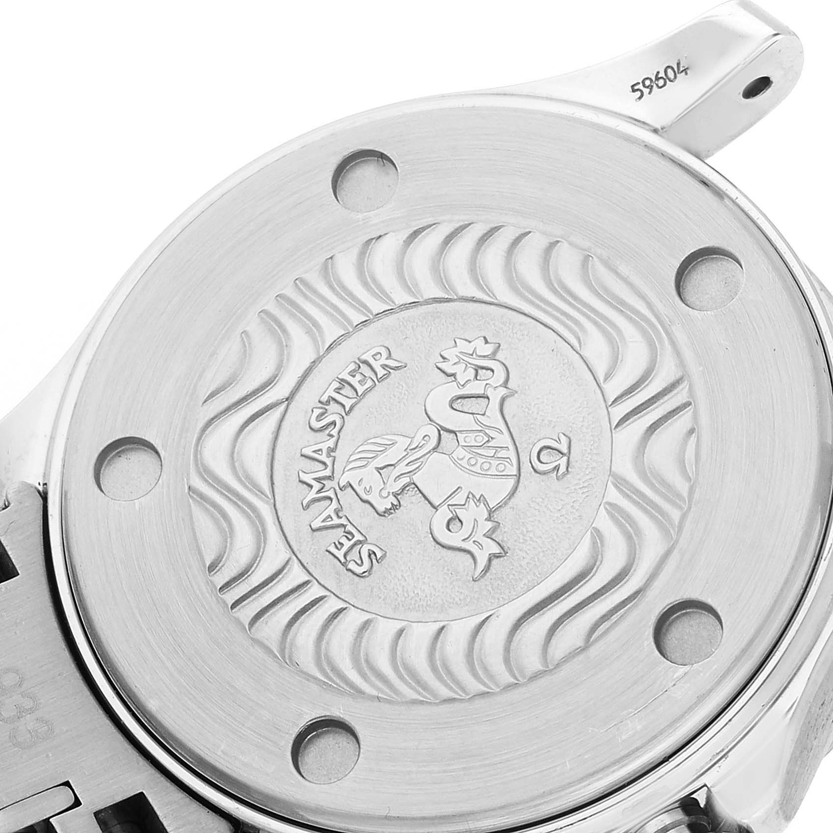 This image shows the back of the Omega 2285.80.00 Women's Stainless Steel Blue Dial 2285.80.00 Women's Stainless Steel Blue Dial Seamaster Diver Quartz 28mm Steel Ladies Watch model 2285.80.00, highlighting the engraved design.