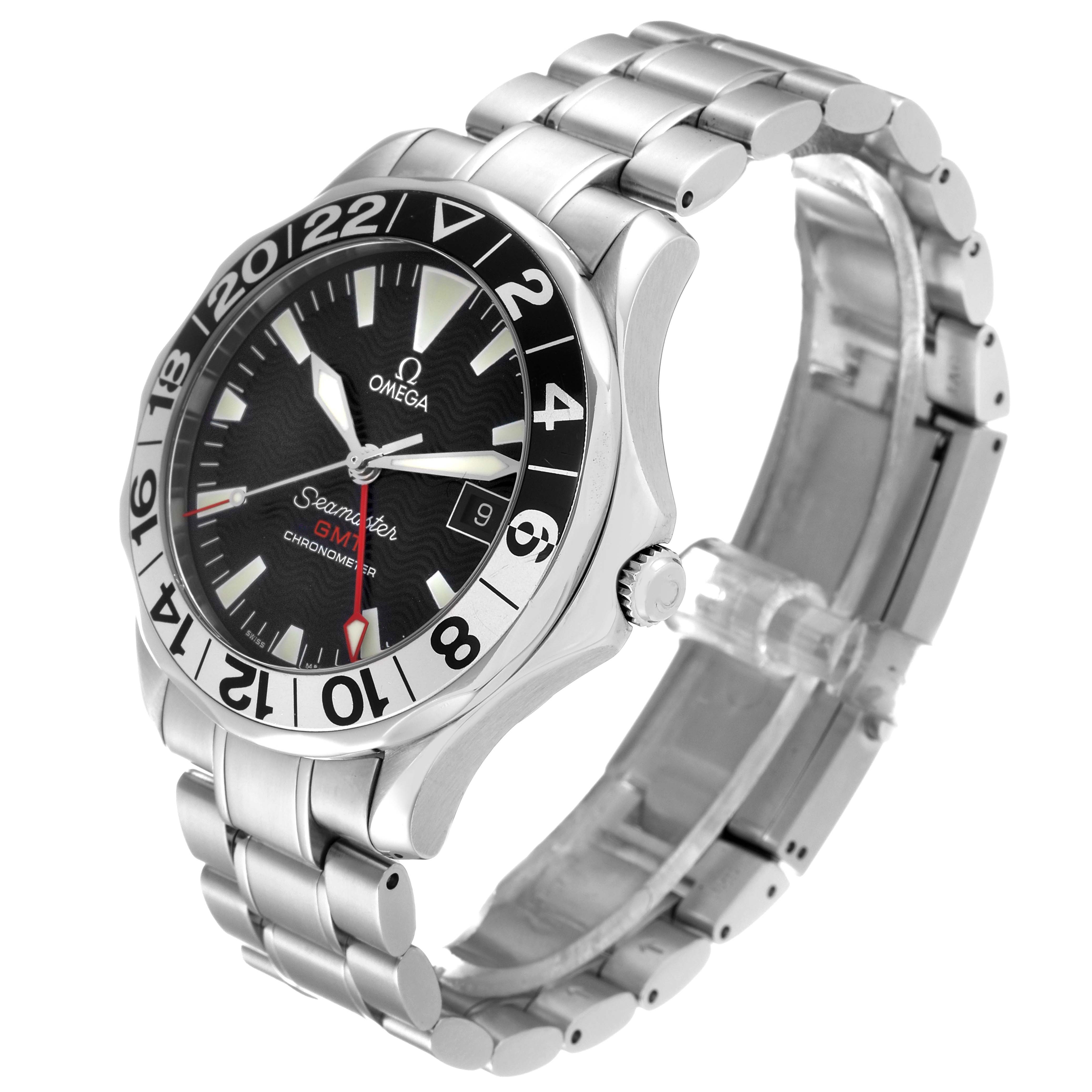 The image shows an Omega Seamaster 2234.50.00 Men
s Stainless Steel Black Dial 2234.50.00 Men
s Stainless Steel Black Dial GMT watch from an angled side view, highlighting the face, bezel, band, and crown.