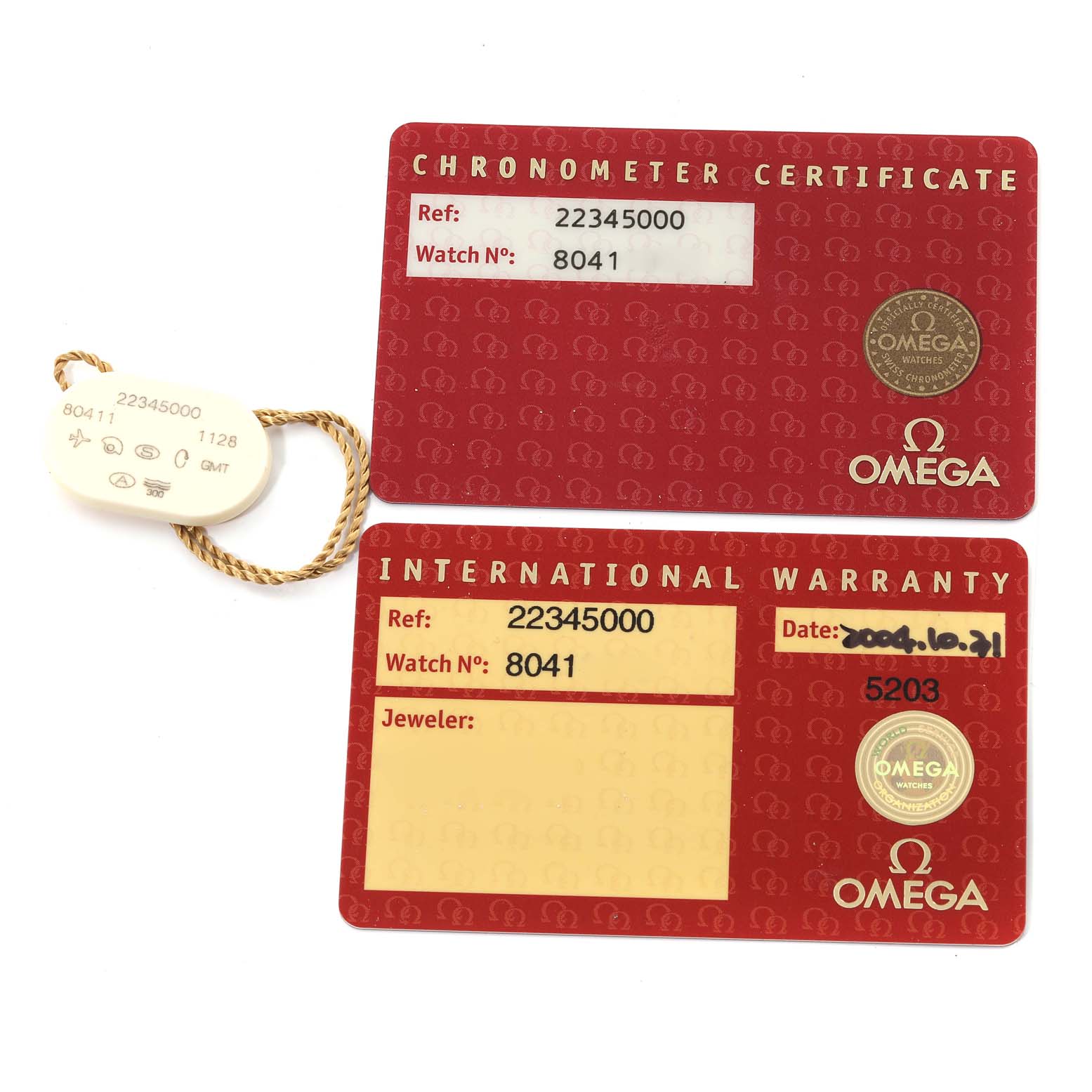 The image shows the chronometer certificate, international warranty card, and tag for the Omega Seamaster 2234.50.00 Men
s Stainless Steel Black Dial 2234.50.00 Men
s Stainless Steel Black Dial watch.