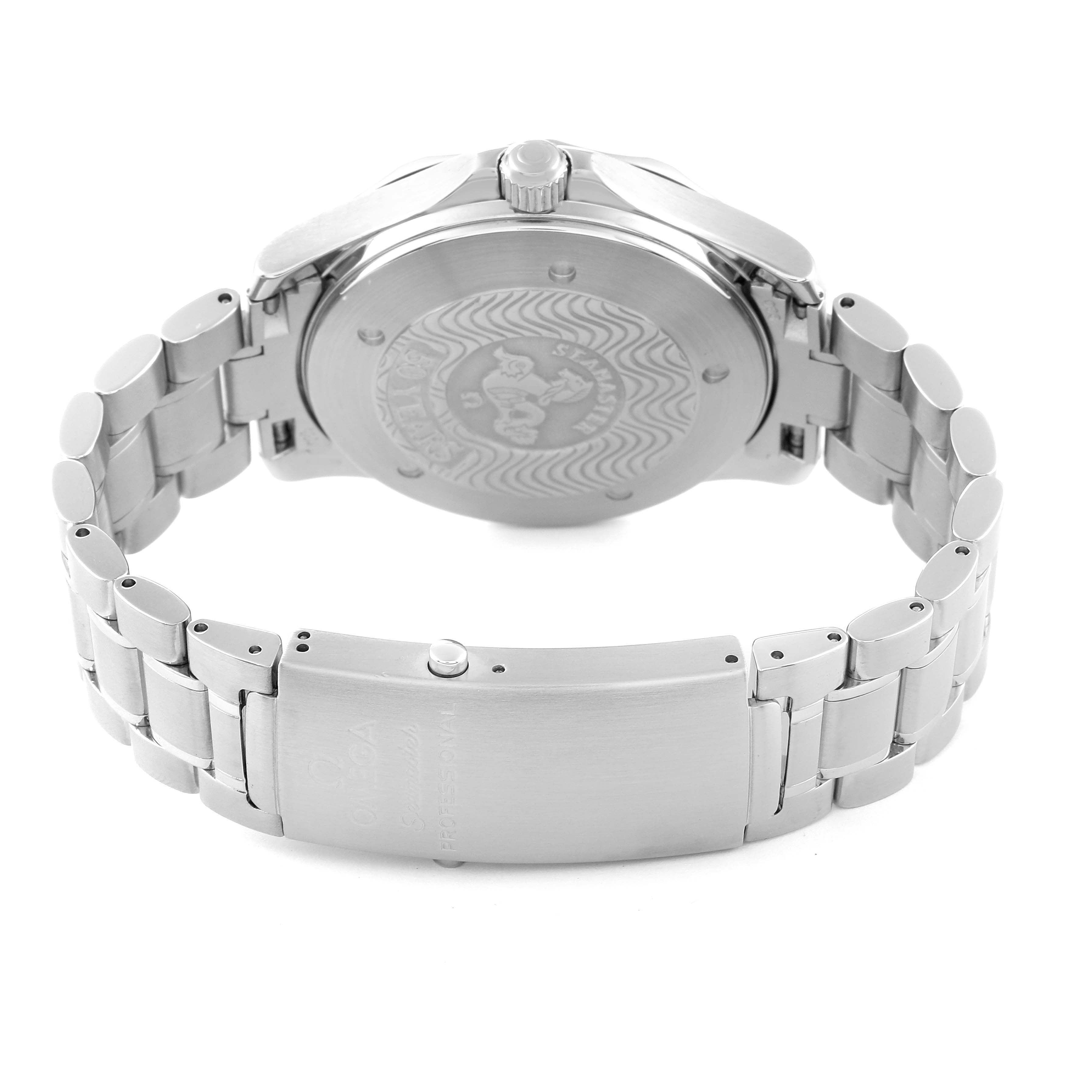 The image shows the back view of an Omega Seamaster 2234.50.00 Men
s Stainless Steel Black Dial 2234.50.00 Men
s Stainless Steel Black Dial watch, including the case back and bracelet with the clasp visible.