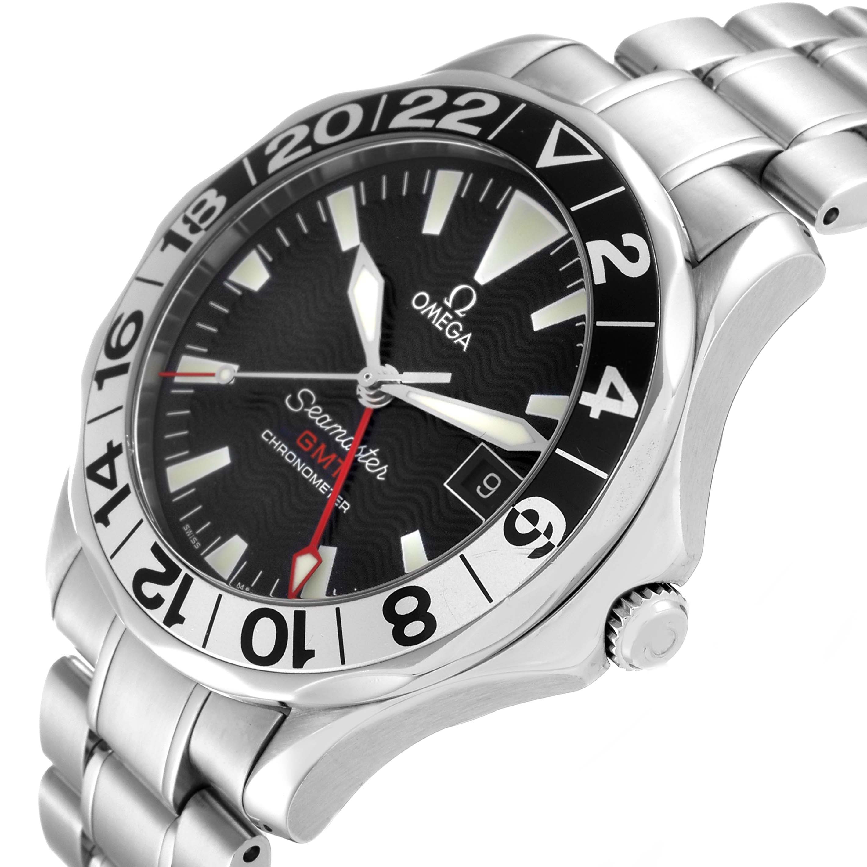 The image shows a side-angle view of the Omega Seamaster 2234.50.00 Men
s Stainless Steel Black Dial 2234.50.00 Men
s Stainless Steel Black Dial watch, highlighting the bezel, dial, crown, and part of the metal bracelet.