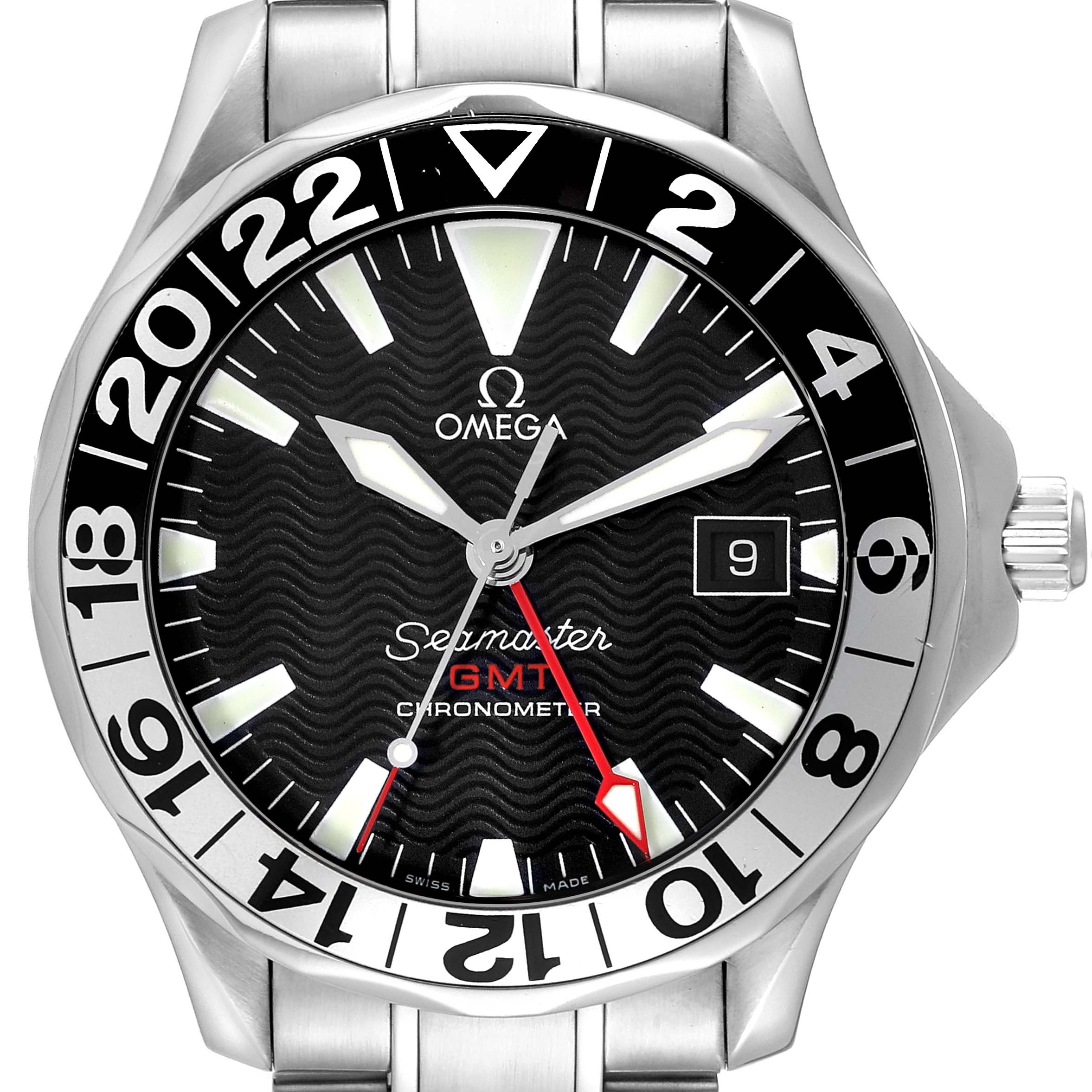 The image shows the front view of an Omega Seamaster 2234.50.00 Men
s Stainless Steel Black Dial 2234.50.00 Men
s Stainless Steel Black Dial GMT Chronometer watch, displaying its dial, hands, date window, and bezel.