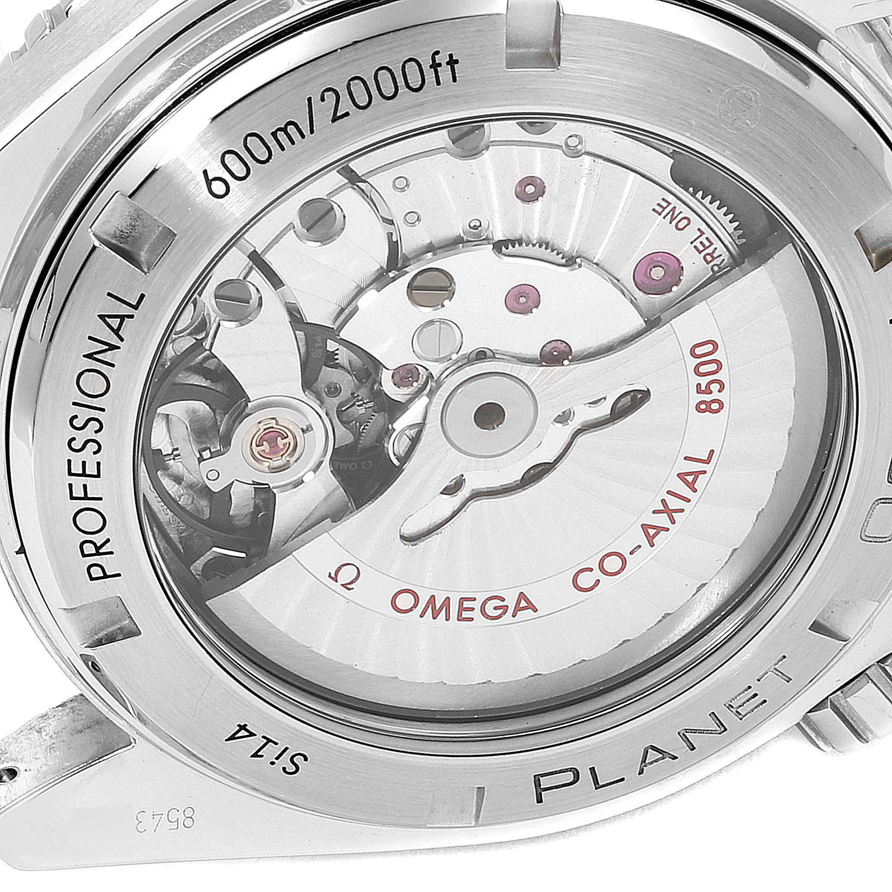 This image shows the back of the Omega Planet Ocean 232.30.46.21.01.001 Men
s Stainless Steel Black Dial 232.30.46.21.01.001 Men
s Stainless Steel Black Dial watch, highlighting the Omega Co-Axial 8500 movement and its details.