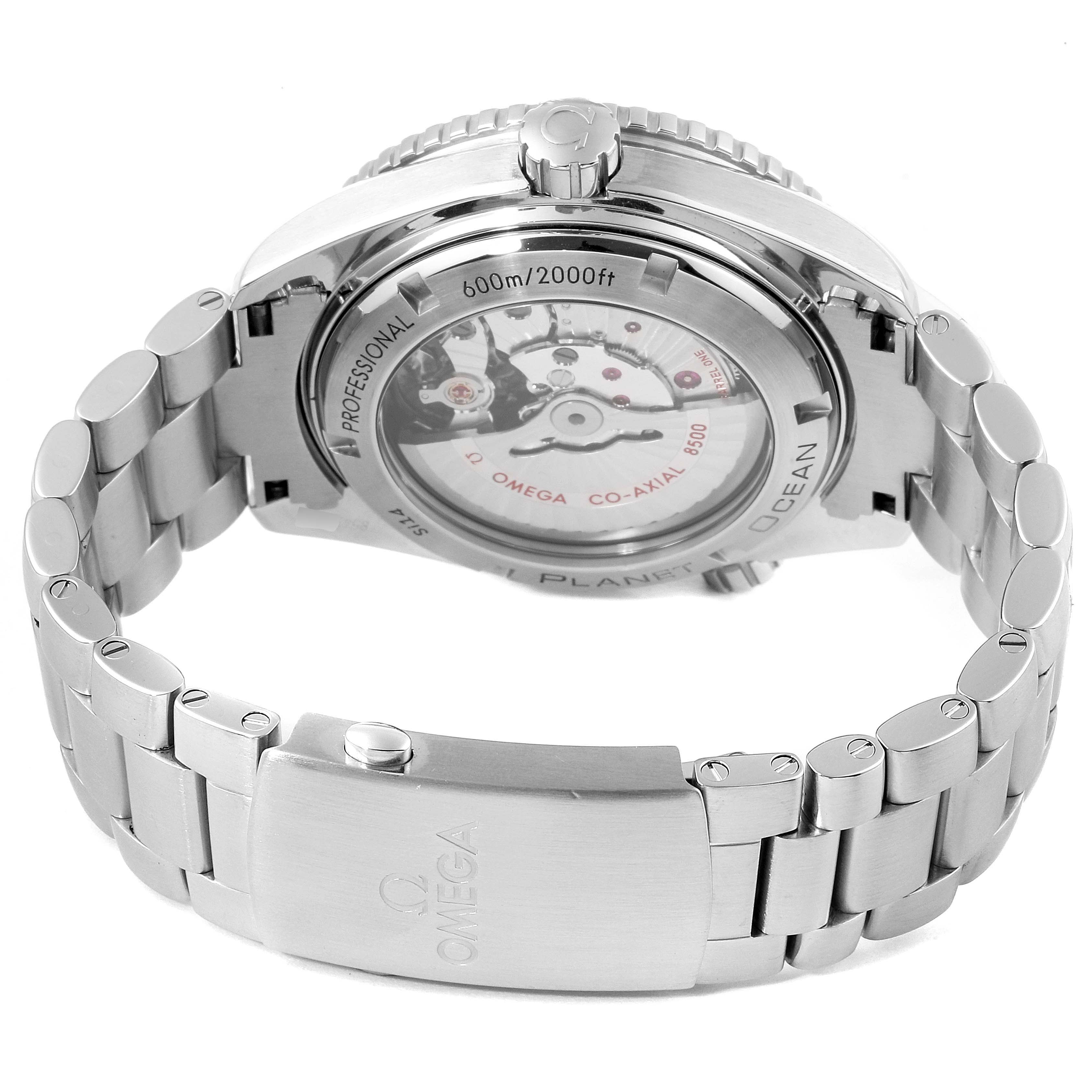 The image shows the back view of the Omega Planet Ocean 232.30.46.21.01.001 Men
s Stainless Steel Black Dial 232.30.46.21.01.001 Men
s Stainless Steel Black Dial watch, highlighting its case back, bracelet, and clasp.