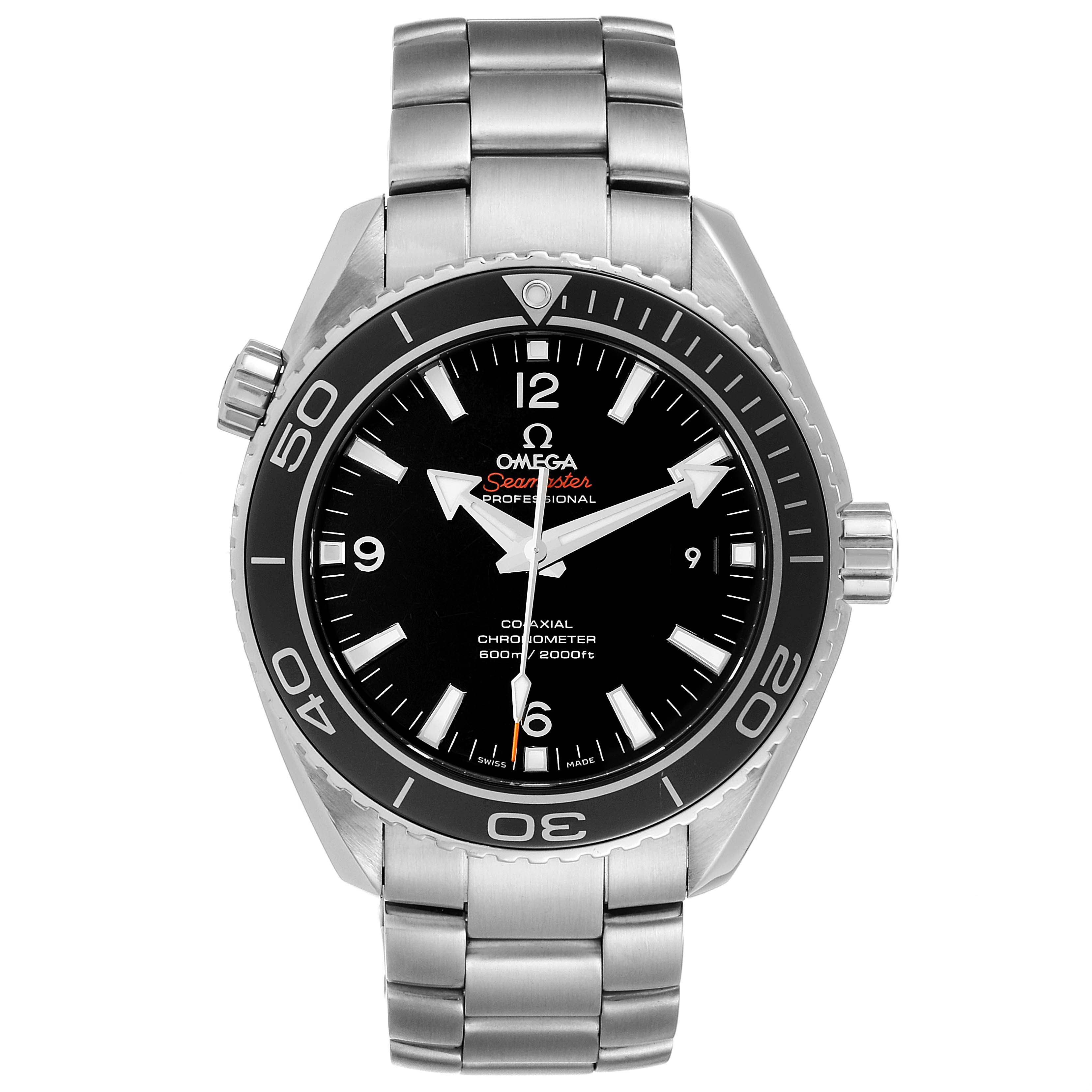 The image shows a front view of the Omega Planet Ocean 232.30.46.21.01.001 Men
s Stainless Steel Black Dial 232.30.46.21.01.001 Men
s Stainless Steel Black Dial watch, featuring the bracelet, bezel, and dial.