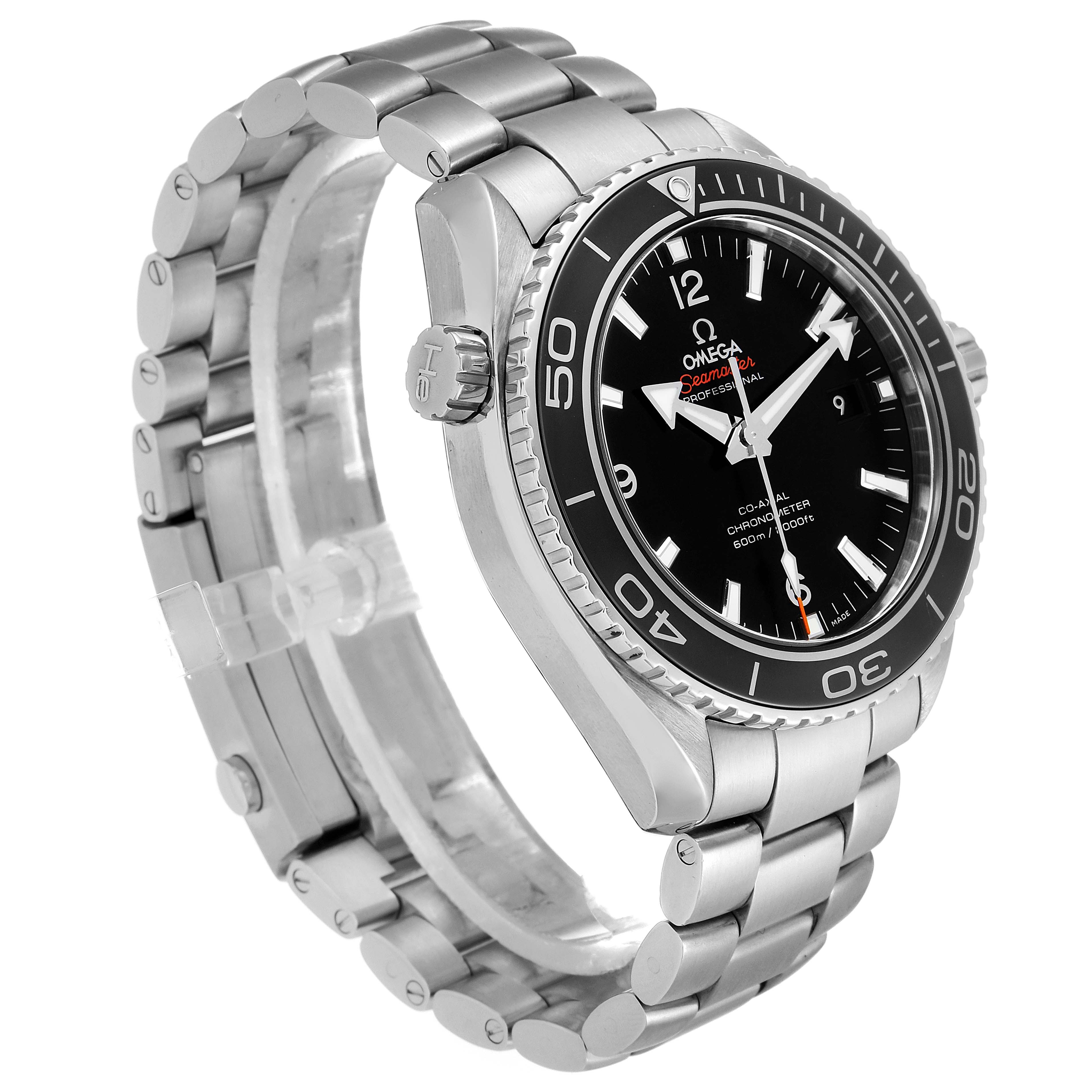 The image shows a side angle view of the Omega Planet Ocean 232.30.46.21.01.001 Men
s Stainless Steel Black Dial 232.30.46.21.01.001 Men
s Stainless Steel Black Dial watch, featuring its bezel, crown, and stainless steel bracelet.
