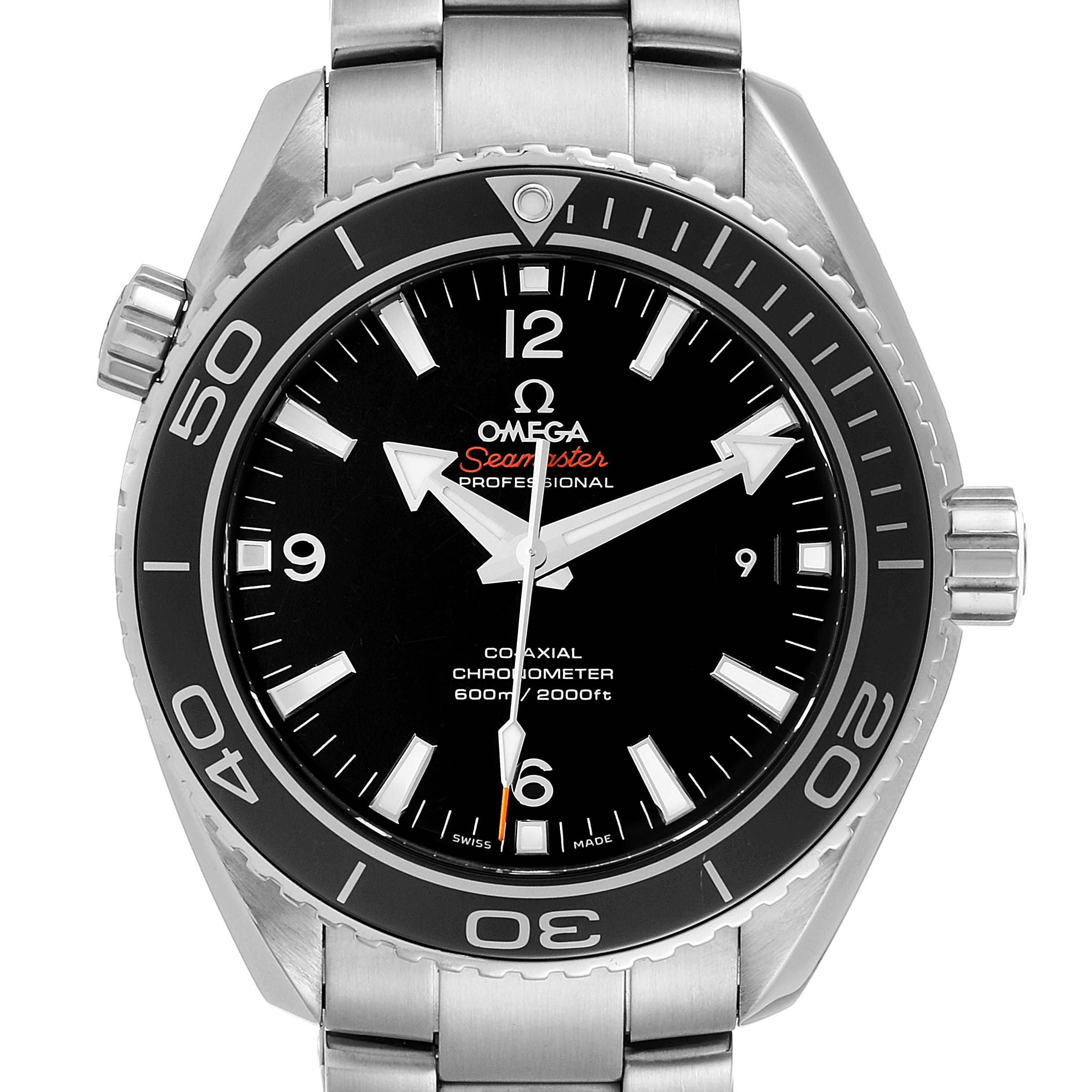 The image shows a front view of the Omega Planet Ocean 232.30.46.21.01.001 Men
s Stainless Steel Black Dial 232.30.46.21.01.001 Men
s Stainless Steel Black Dial watch, displaying the dial, bezel, crown, and part of the bracelet.
