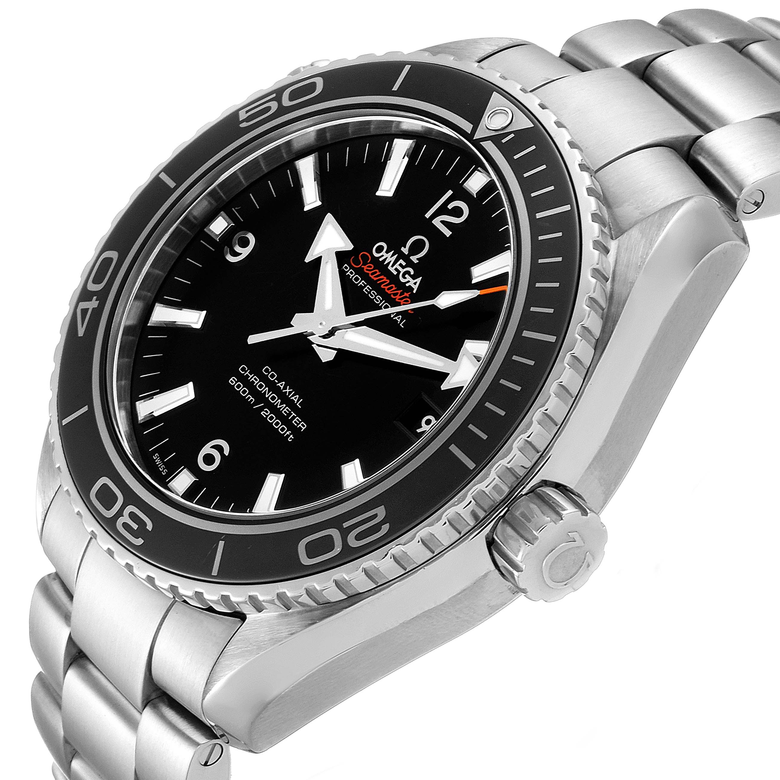 The image shows a side angle of the Omega Planet Ocean 232.30.46.21.01.001 Men
s Stainless Steel Black Dial 232.30.46.21.01.001 Men
s Stainless Steel Black Dial watch, highlighting its bezel, crown, and part of the stainless steel bracelet.