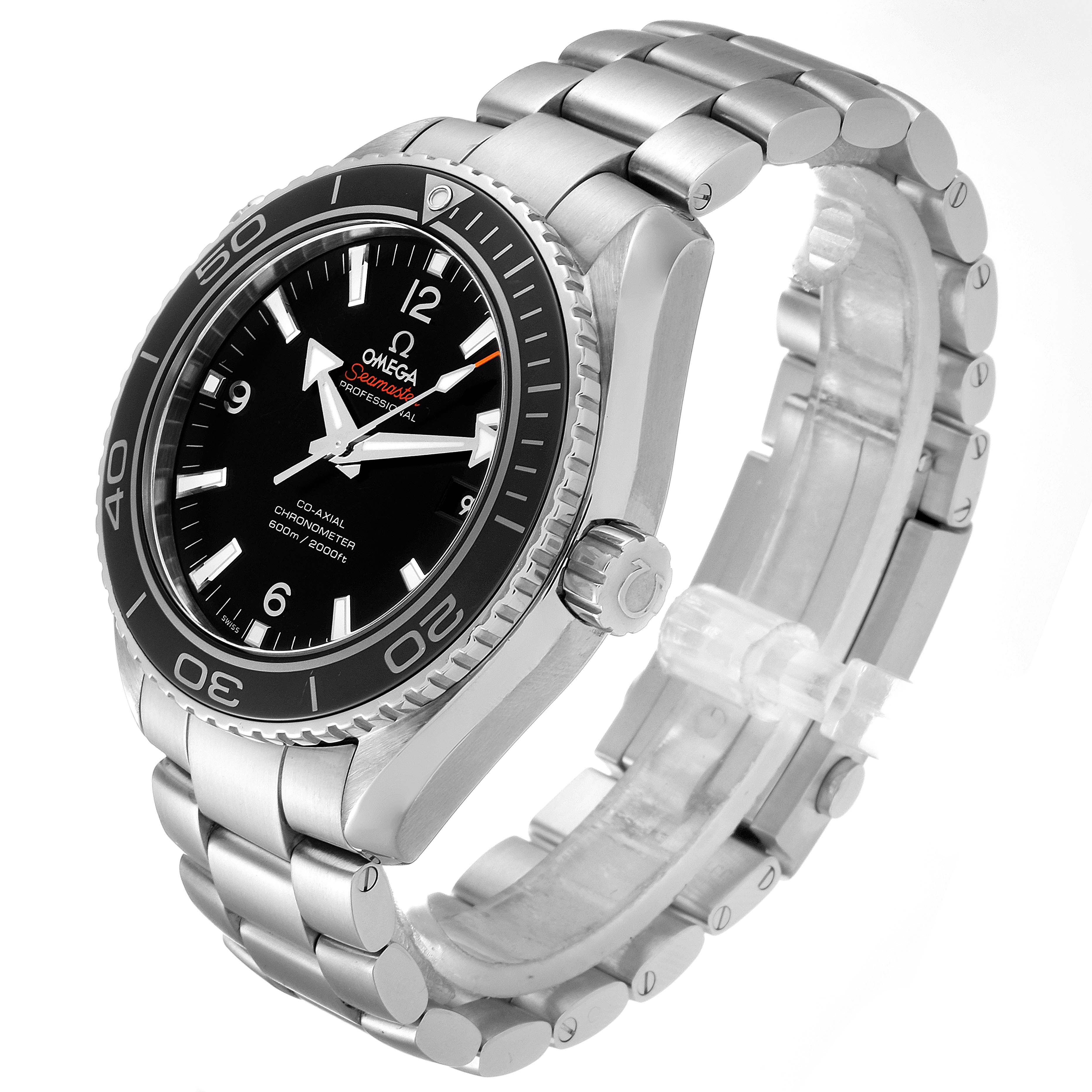 The image shows a side angle of an Omega Planet Ocean 232.30.46.21.01.001 Men
s Stainless Steel Black Dial 232.30.46.21.01.001 Men
s Stainless Steel Black Dial watch, highlighting the bezel, dial, bracelet, and crown.