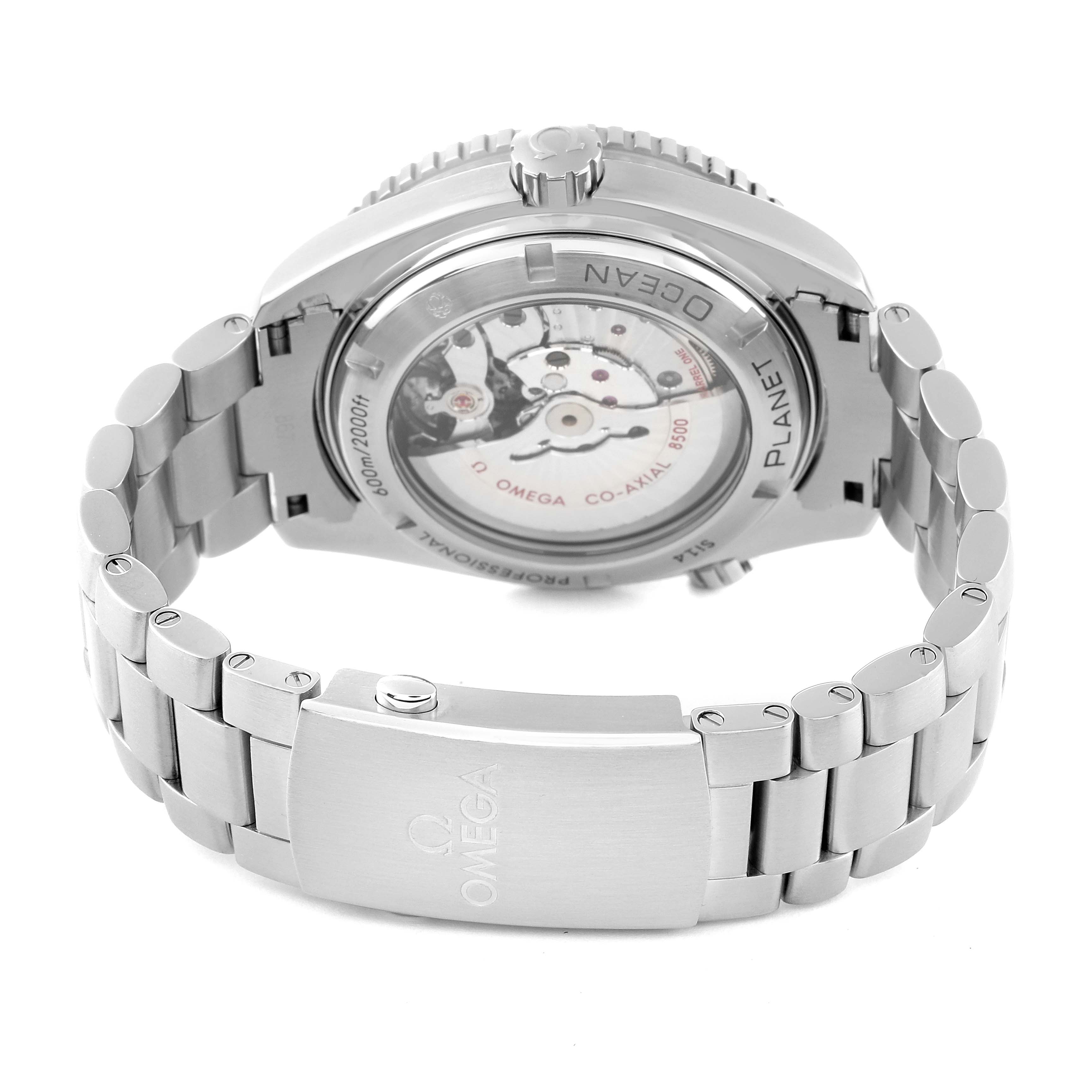 The image shows the back of the Omega Planet Ocean 232.30.42.21.01.002 Men
s Stainless Steel Black Dial 232.30.42.21.01.002 Men
s Stainless Steel Black Dial watch, focusing on the transparent case back and stainless steel bracelet.