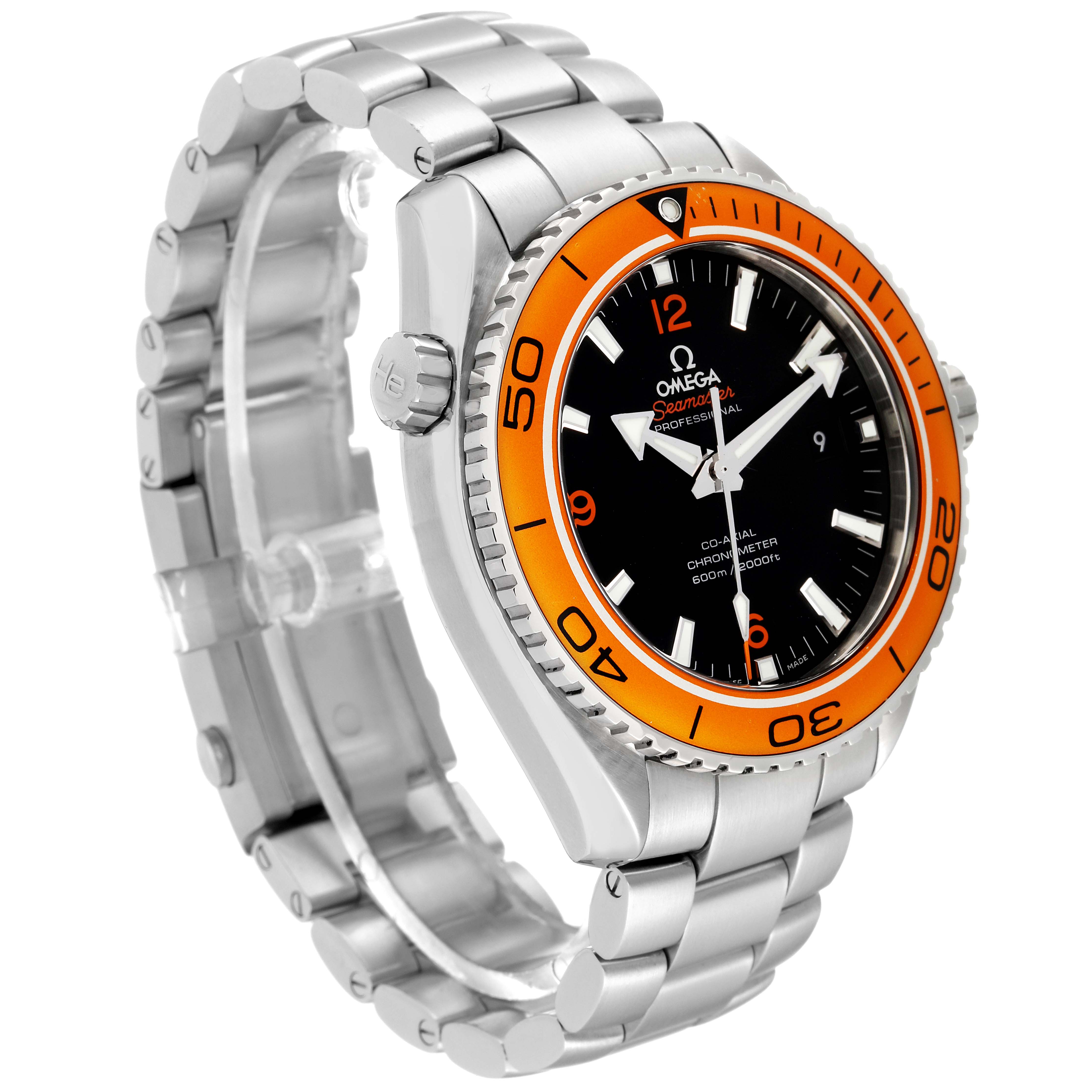 The image shows an angled view of the Omega Planet Ocean 232.30.42.21.01.002 Men
s Stainless Steel Black Dial 232.30.42.21.01.002 Men
s Stainless Steel Black Dial watch, highlighting its orange bezel, black dial, and silver bracelet.