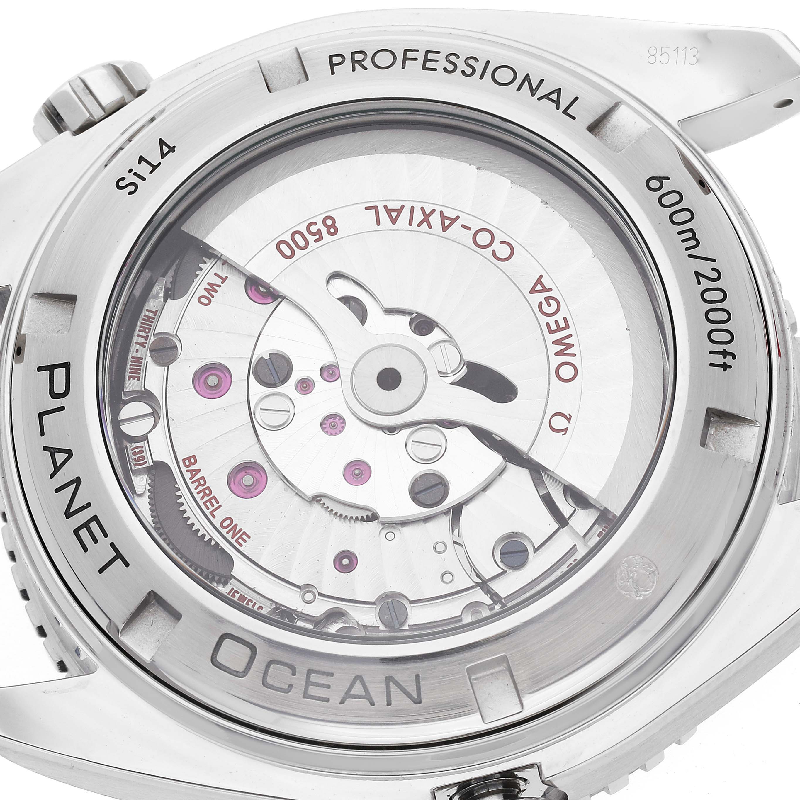 The image shows the back view of the Omega Planet Ocean 232.30.42.21.01.002 Men
s Stainless Steel Black Dial 232.30.42.21.01.002 Men
s Stainless Steel Black Dial model watch, highlighting its Co-Axial 8500 movement.