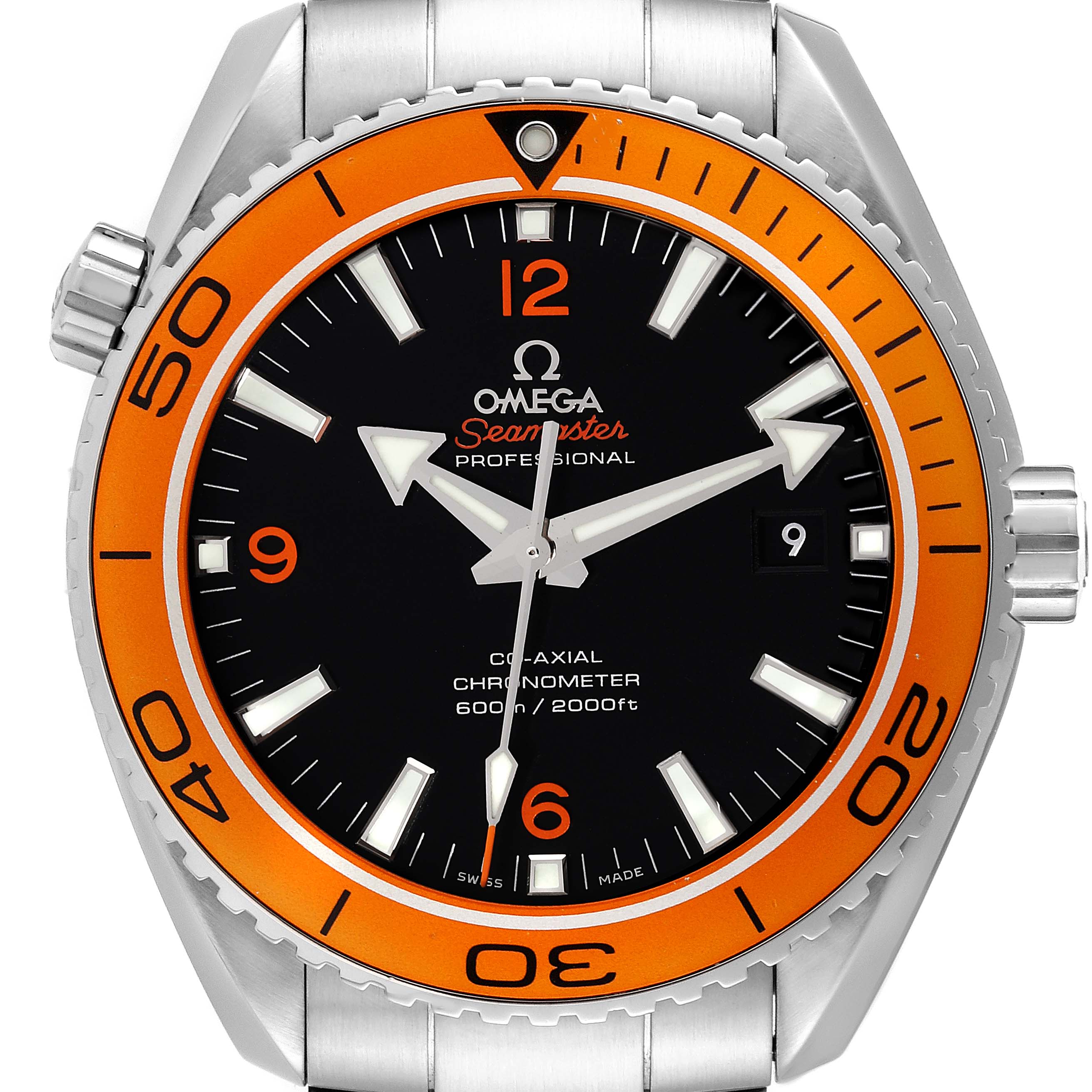 This image shows a front view of the Omega Planet Ocean 232.30.42.21.01.002 Men
s Stainless Steel Black Dial 232.30.42.21.01.002 Men
s Stainless Steel Black Dial watch, highlighting its dial, orange bezel, hands, and stainless steel case.