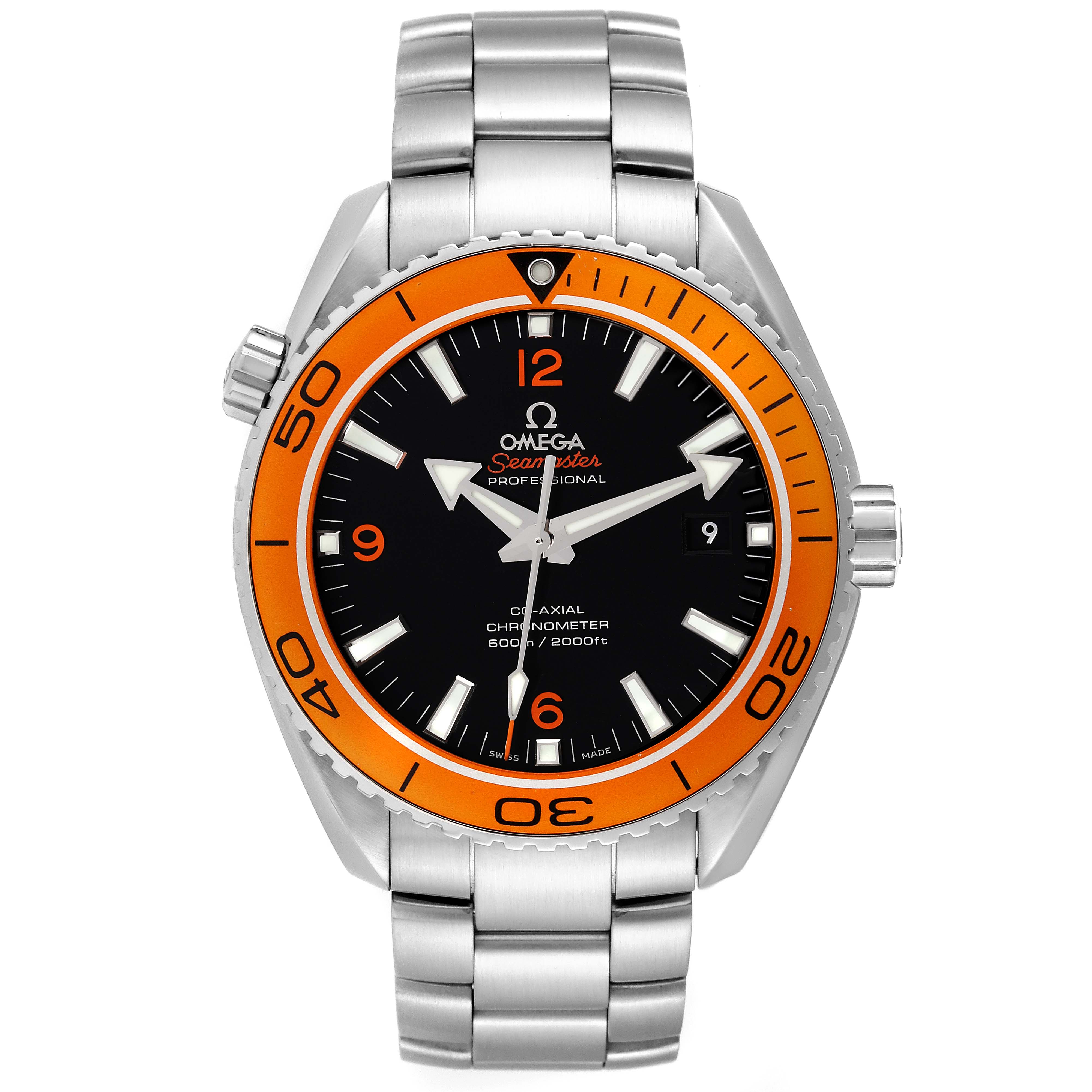 The image shows a front view of the Omega Planet Ocean 232.30.42.21.01.002 Men
s Stainless Steel Black Dial 232.30.42.21.01.002 Men
s Stainless Steel Black Dial watch, including the bezel, dial, hands, and stainless steel bracelet.